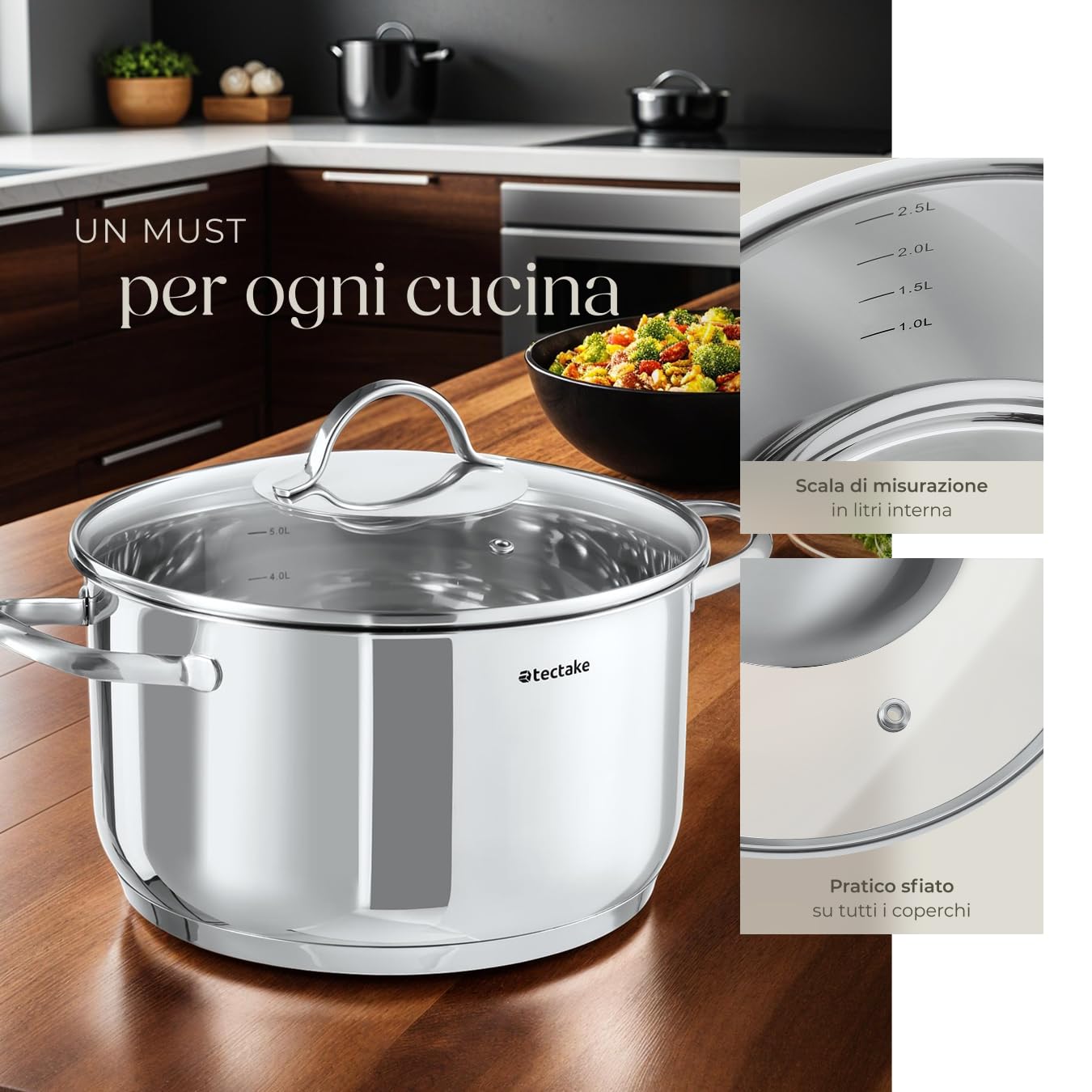 tectake® Set di Pentole, 9 Pezzi, Acciaio Inossidabile di Alta Qualità, Adatto a Induzione, Gas, Elettrico, 4 Pentole con Coperchio e Casseruola con Manico, Lavabili in Lavastoviglie