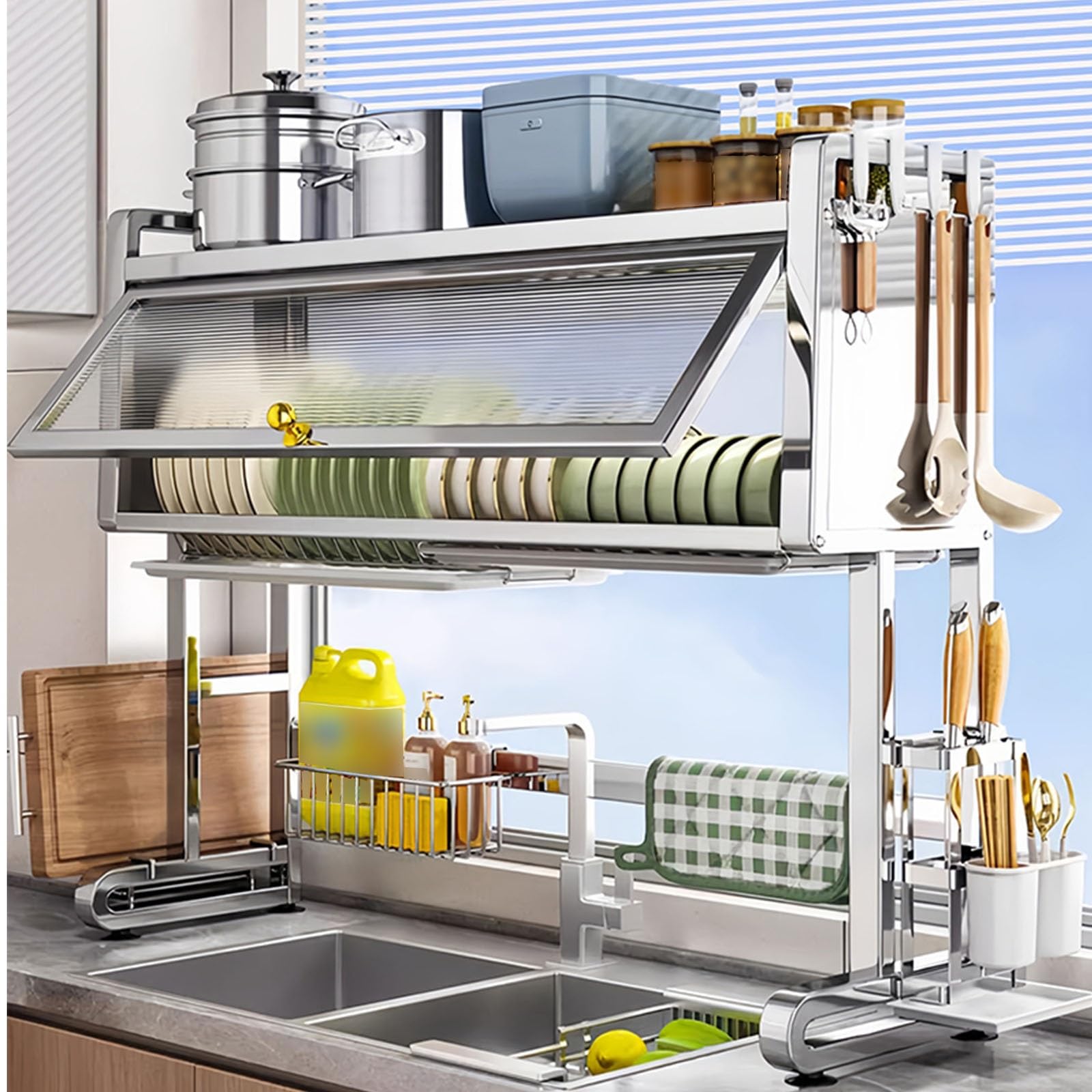 CAFIEDR Over Sink Dish Drainer Rack Stainless Steel Kitchen Drying Rack Spacesaving Dish Rack For Home Fits 77X30X80Cm Ideal For Kitchen Organization.87x30x69cm/34x11.8x27.1in
