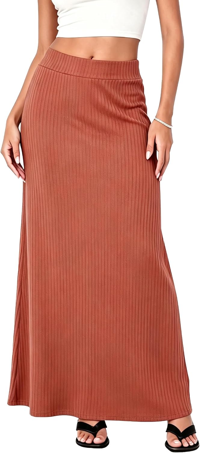 Urban CoCo Women's Ribbed Knit High Waist Maxi Skirt Comfy Long Skirt