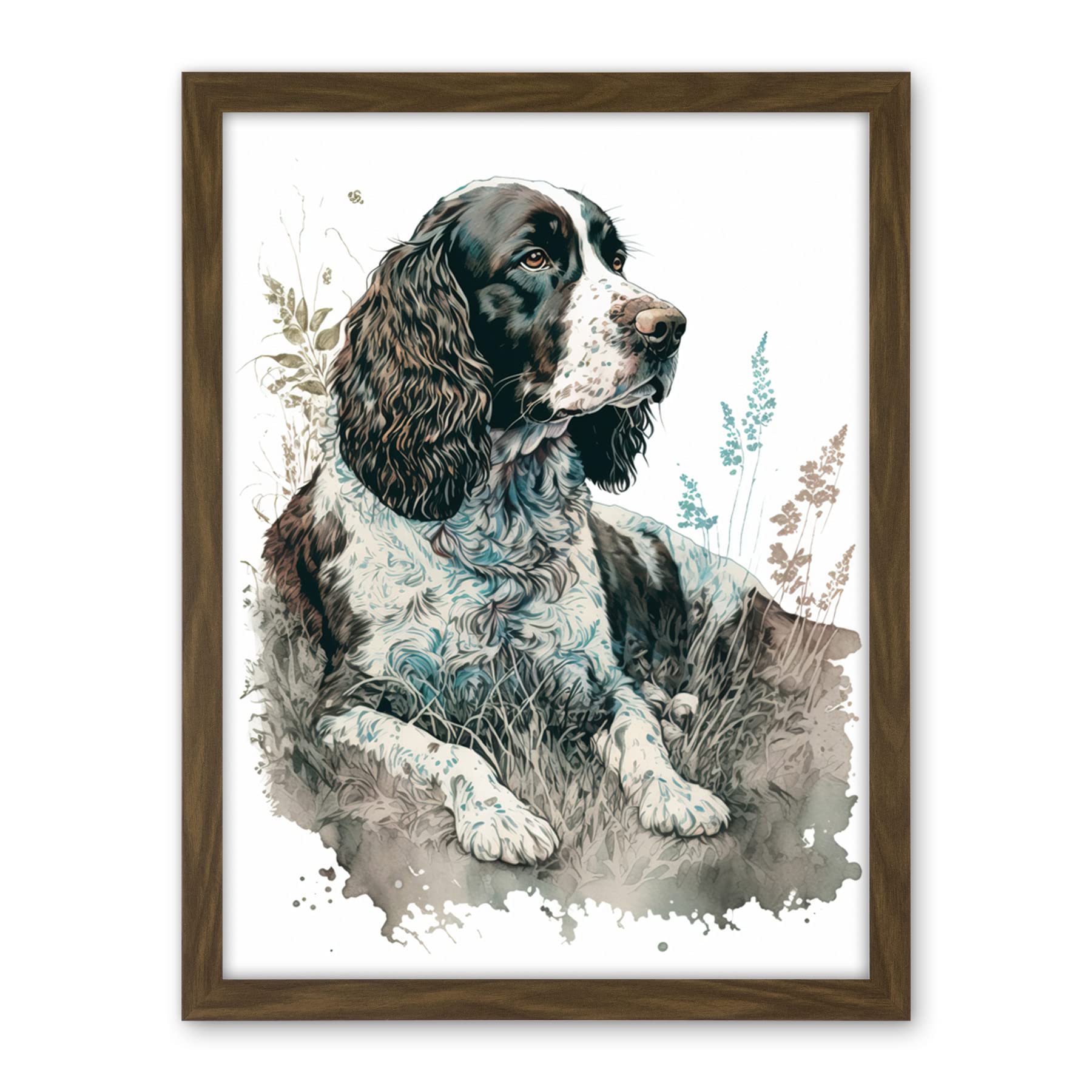 Artery8 English Springer Spaniel Dog Lying in Field Modern Watercolour Illustration Artwork Framed Wall Art Print 18X24 Inch
