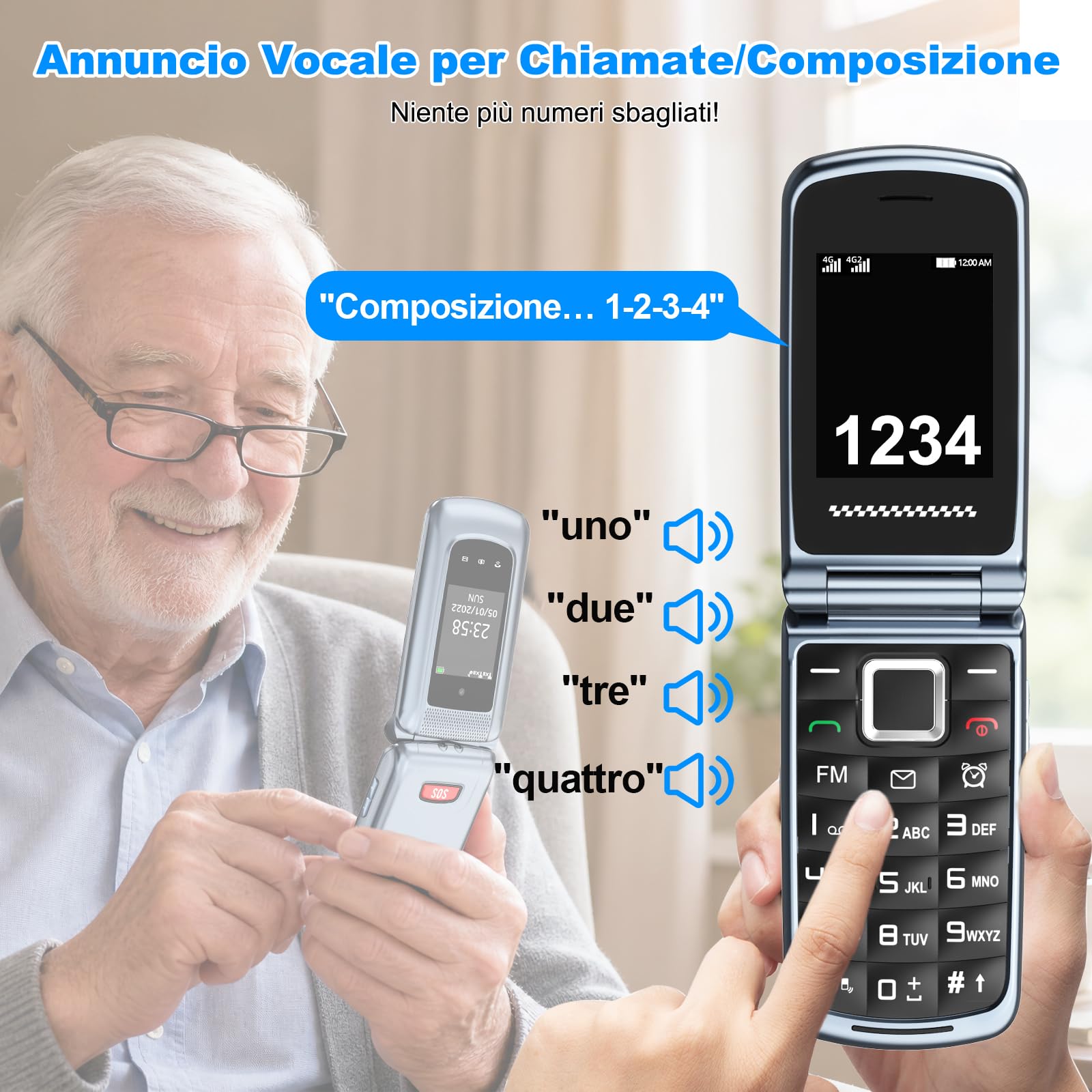 CHAKEYAKE 4G Telefono per Anziani, Cellulare per Anziani senza Contratto, Annuncio Vocale dei Tasti, Tasti grandi,Volume Elevato,Tasto SOS, Doppia SIM, Doppio Display 2,4 + 1,77", Grigio