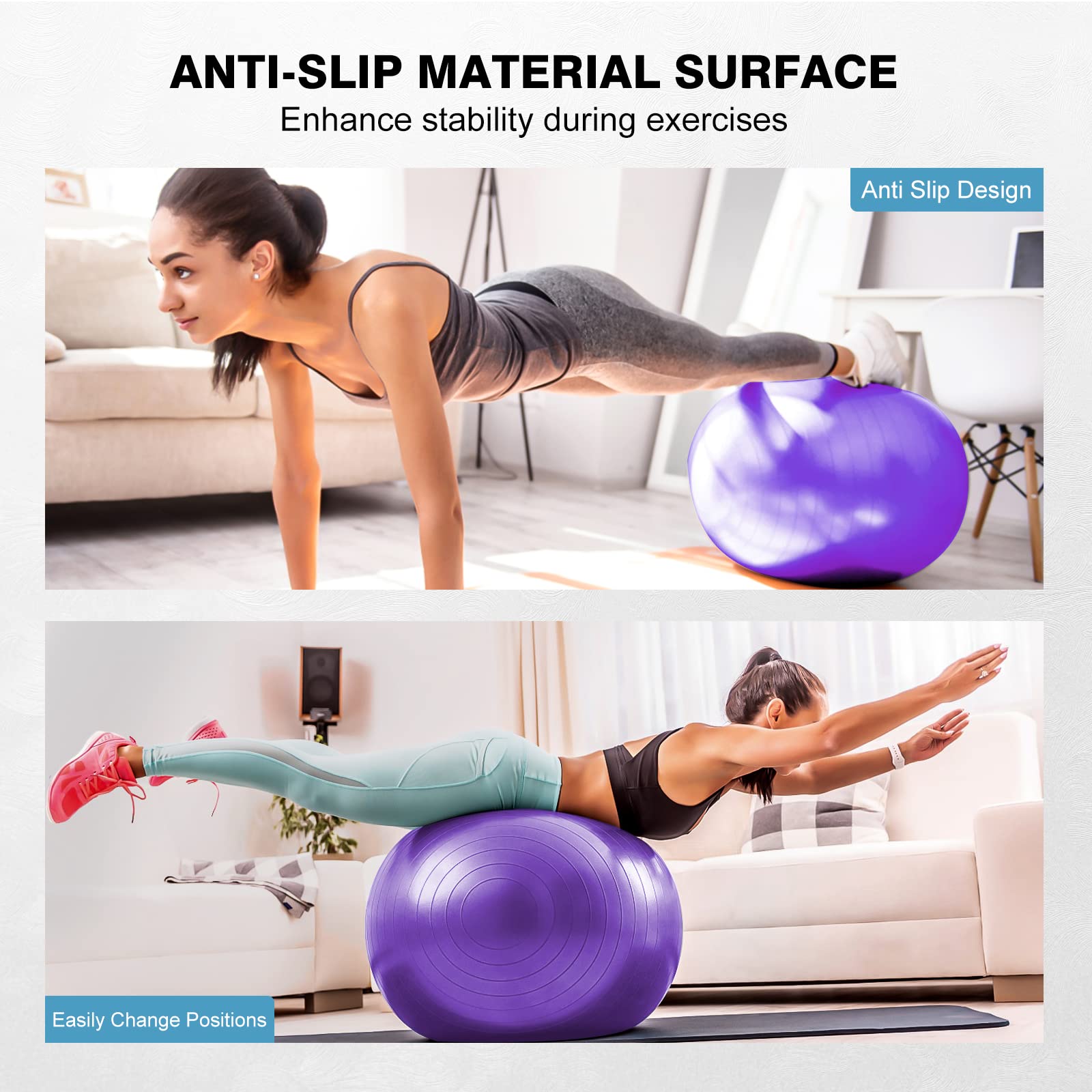 Exercise Ball Yoga Ball, Thick Anti-Slip Pilates Ball for Pregnancy Birthing, Workout and Core Training, Anti-Burst Fitness Ball with Air Pump, Suitable for Home Gym Office (26 in, Purple)