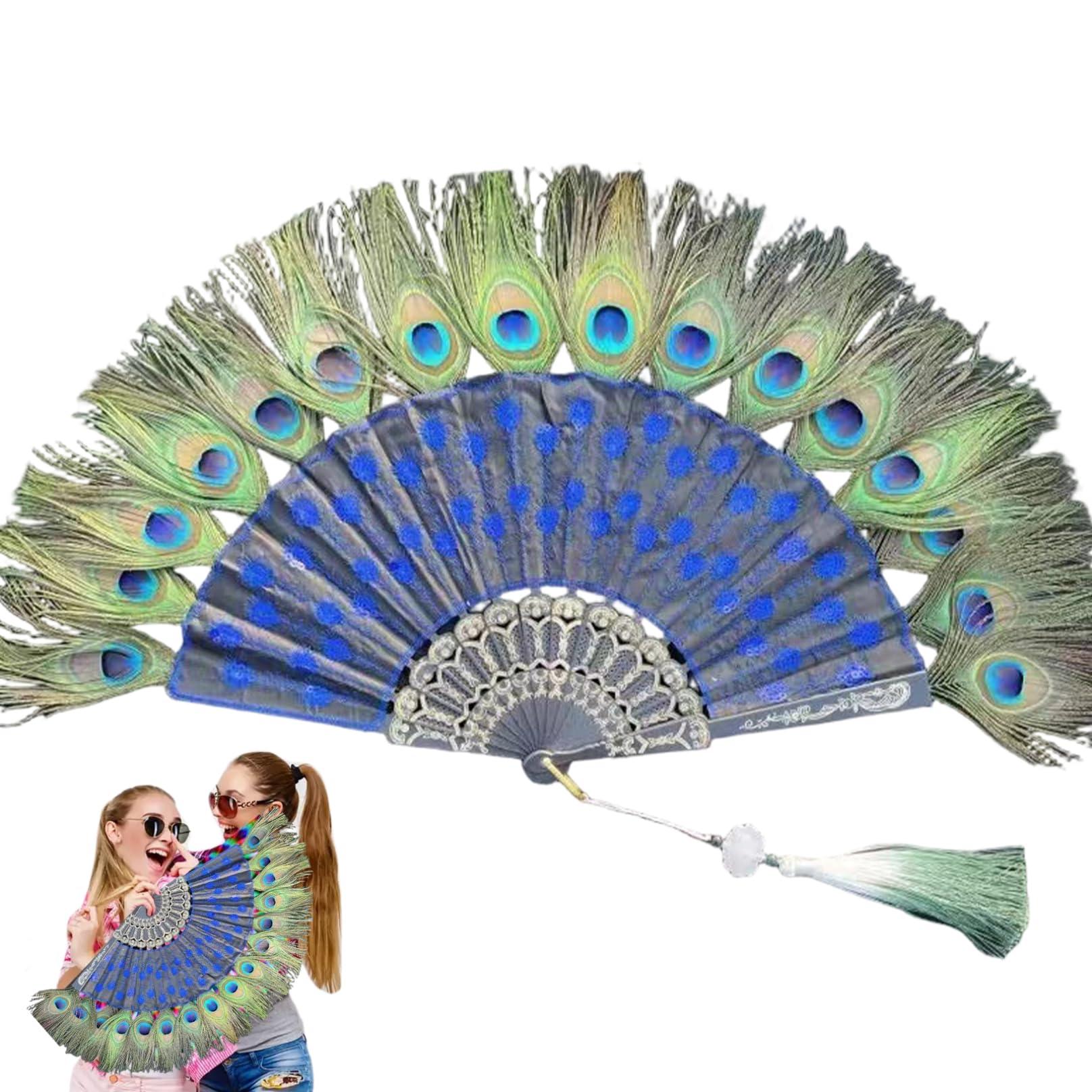 Uanqfegy Peacock Hand Fan - Foldable for Vintage Parties Halloween Costumes and Home Decor, Art Deco Design(Sapphire Blue)