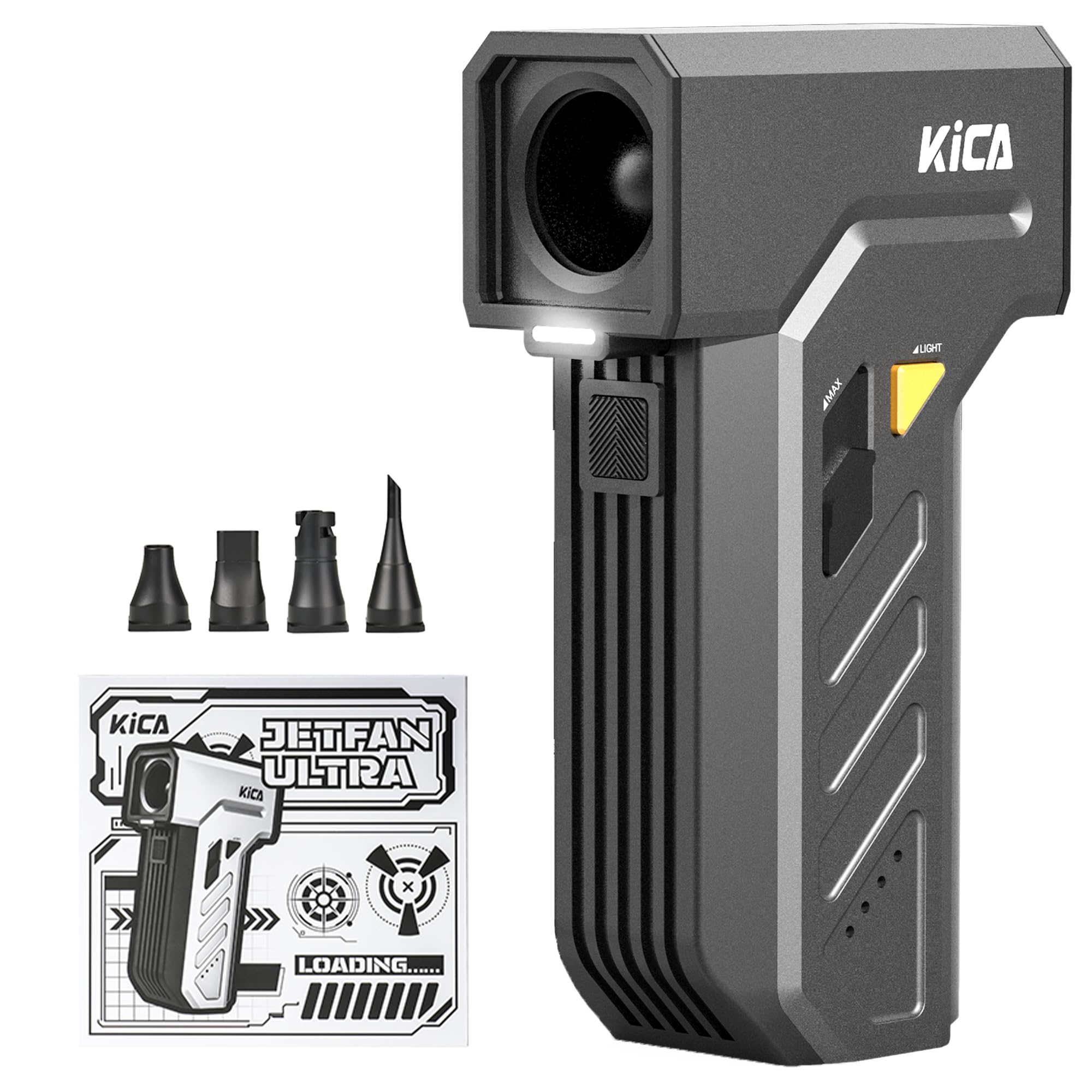 Kica JetFan Ultra Elektrisches Staubgebläse & Druckluftspray – Kabellos & USB Wiederaufladbar, 130.000 U/min, 48 m/s Windgeschwindigkeit, Air Duster für PC, Tastatur, Auto, Sofa & Büro mit LED-Licht