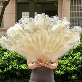Abanico de plumas de avestruz de 45 x 100 cm para fotografía, espectáculos, baile, plegable, decoración para bodas y fiestas, color amarillo marfil, 2 unidades.