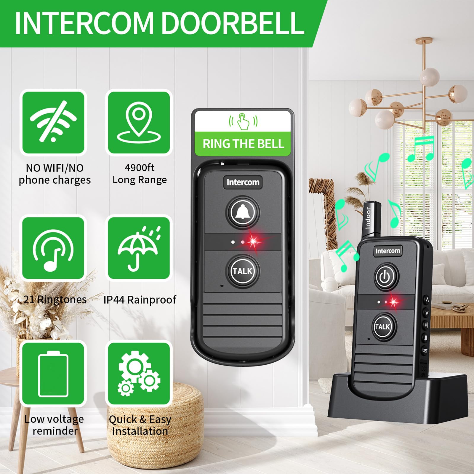 Timbre inalámbrico, intercomunicadores inalámbricos para el hogar, 1,493.5 m de largo alcance, sistema de intercomunicación inalámbrico con batería recargable, 3 niveles de volumen, 20 tonos