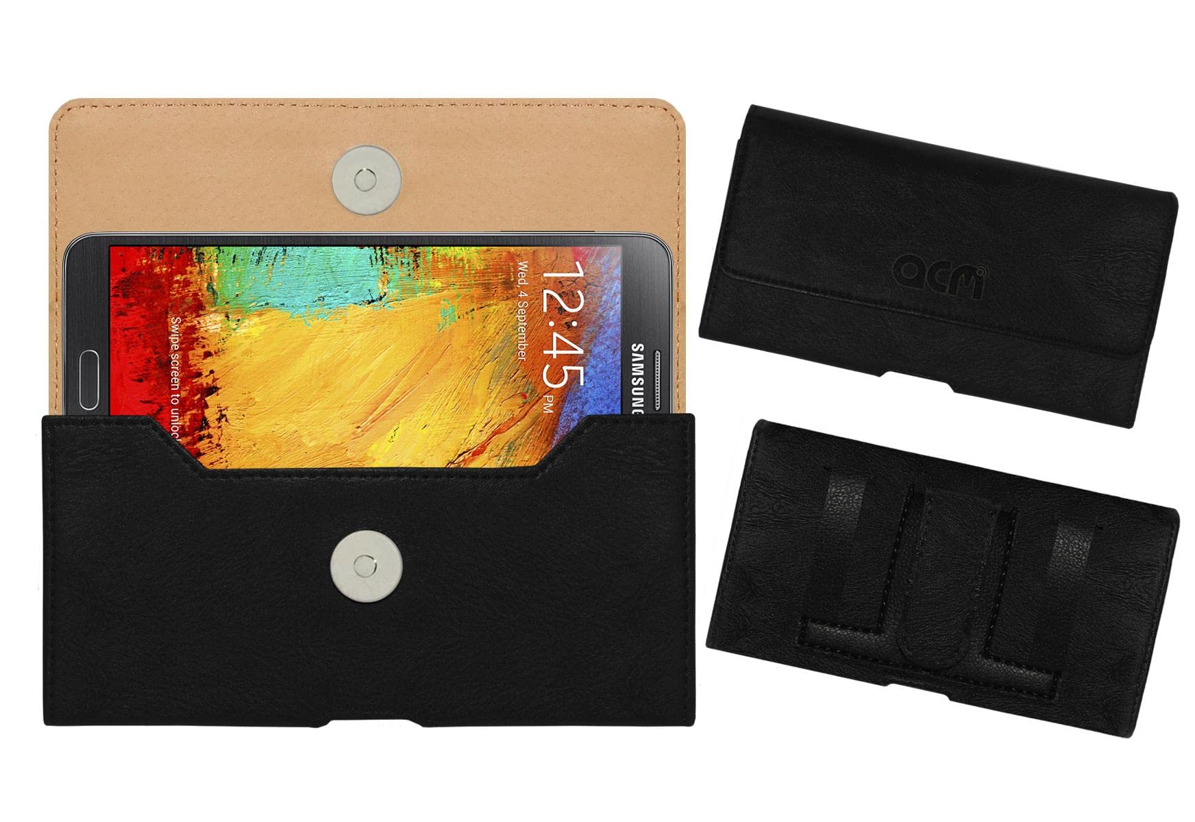 Acm Leather Belt Holster Case Compatible with Samsung Galaxy Note 3 Neo N7500 Mobile Cover Clip Black