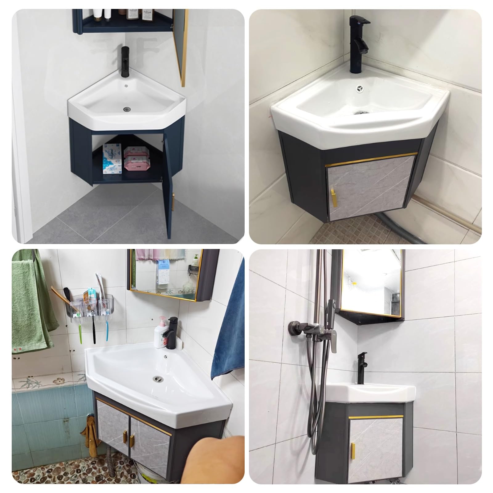 Bagno Lavabo Angolare su Piedistallo Mobile con Rubinetto e Scarico, Specchio e Sospeso per Bagno e Lavanderia