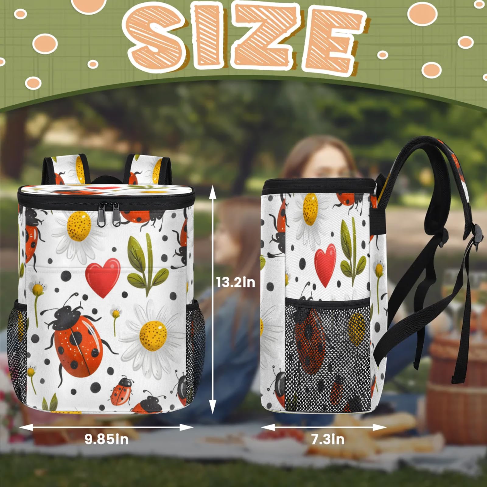 CNNINGYI Large Waterproof Insulated Cooler Backpack for Men Women, Cute Ladybugs Leak Proof Cooler Backpack for Camping, Picnic Travel Outdoor, Daisy Floral