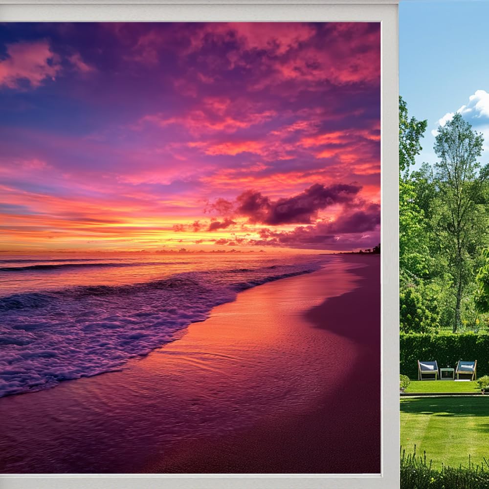 Pmlbaous Natural Coastal Landscape Privacy Window Film, Ocean Sunset Scenery Frosted Self-Adhesive Vinyl Cling For Glass Doors Bathroom Windows Sun Blocking Heat Control, （55X100cm）
