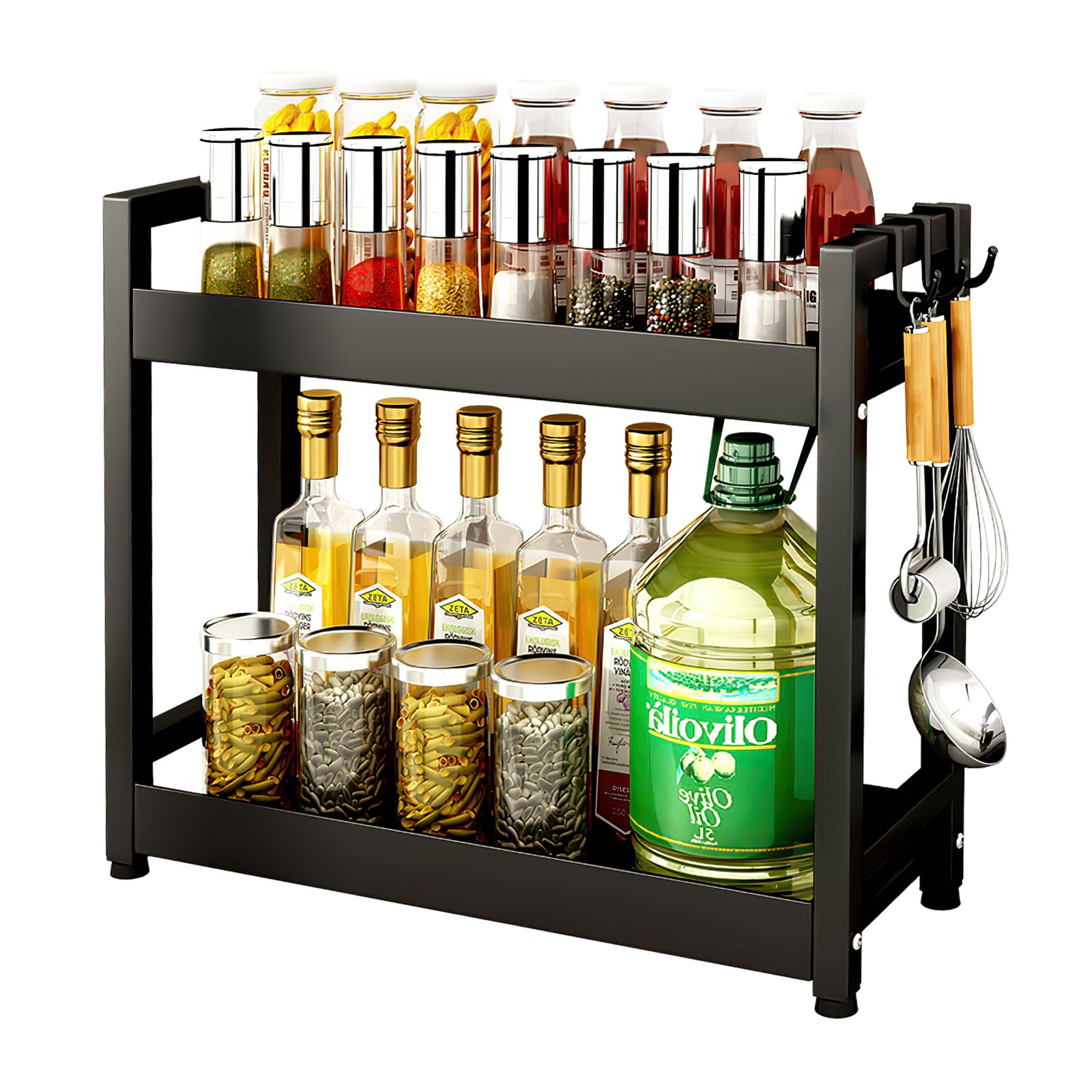 Porta Spezie in Piedi Per Cucina - 2 Ripiani Salvaspazio in Acciaio al Carbonio - Grande Capacità Organizzatore Per Bagno e Ufficio, Nero