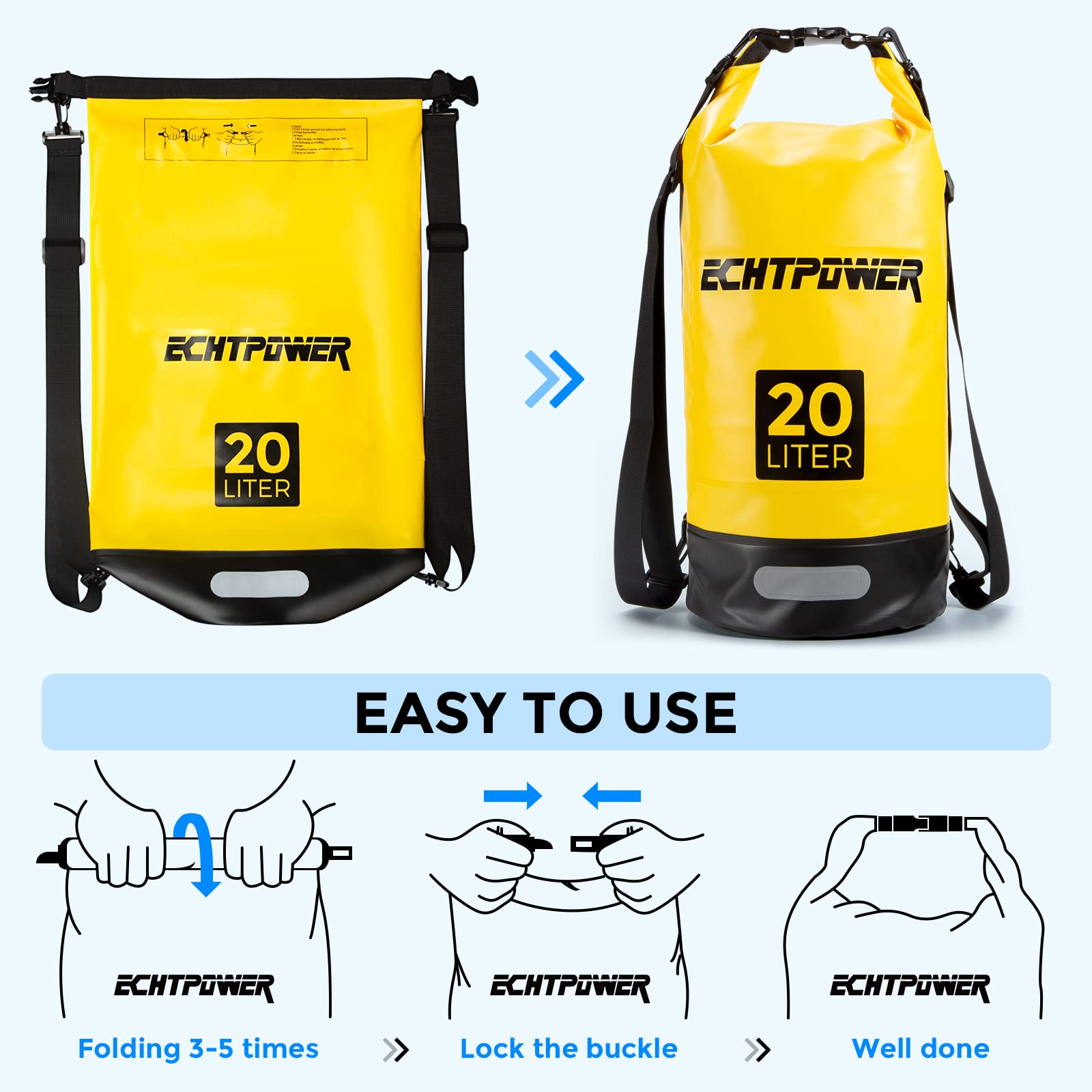 ECHTPower Borsa Impermeabile 5L/10L/20L, Dry Bag Sacco Impermeabile con Tracolla Regolabile, con Custodia Impermeabile, Marsupio 100% impermeabile per Mare,Barca,kayak,Rafting,Pesca,Campeggi