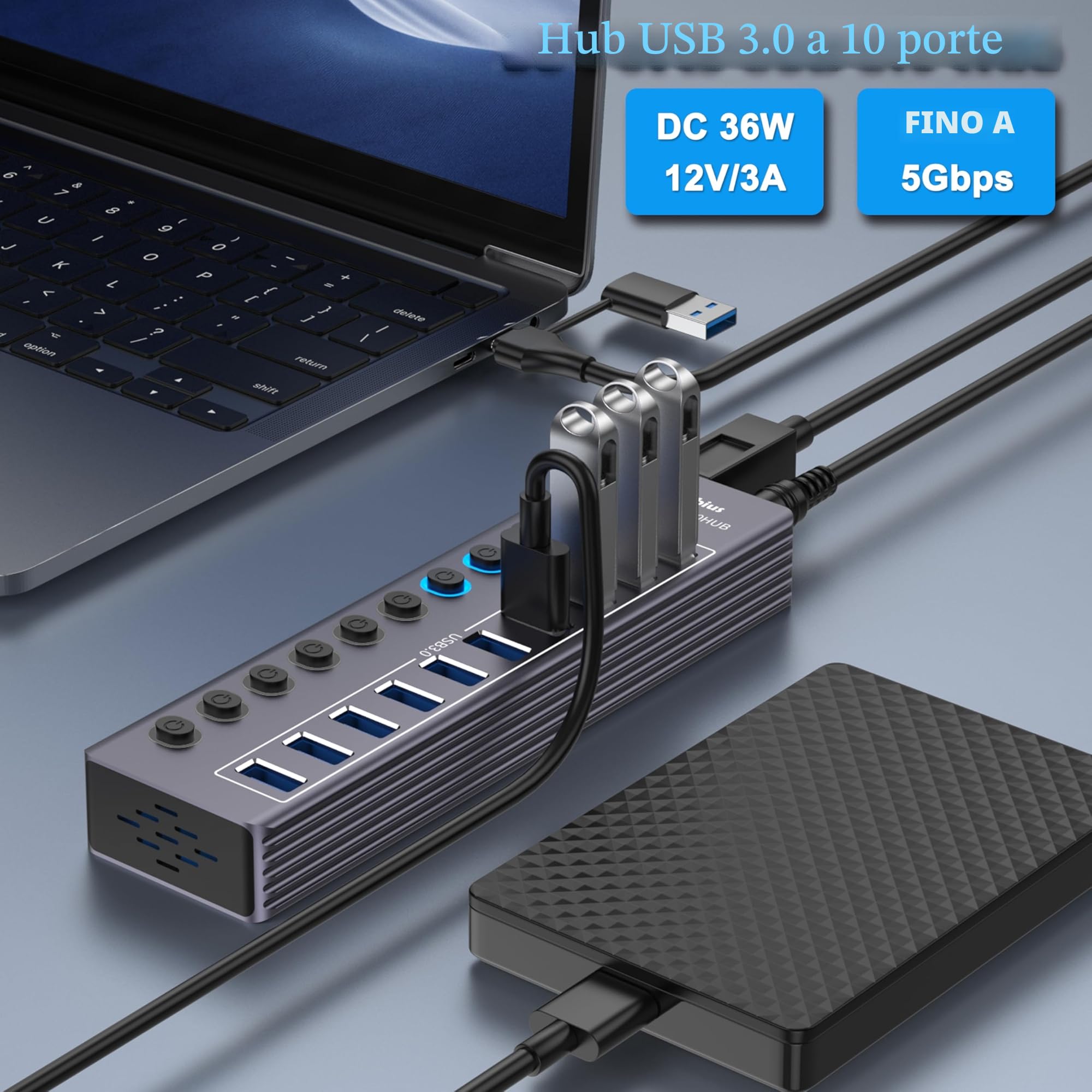 Hub USB 3.0 Alimentato, USB 3.0 / USB C a 10 Porte in Alluminio Trasmissione Dati 5Gbps, con Interruttore Indipendente LED, Adattatore di Alimentazione 12V/3A, 2-in-1 Cavo Dati(TCC-T310U)