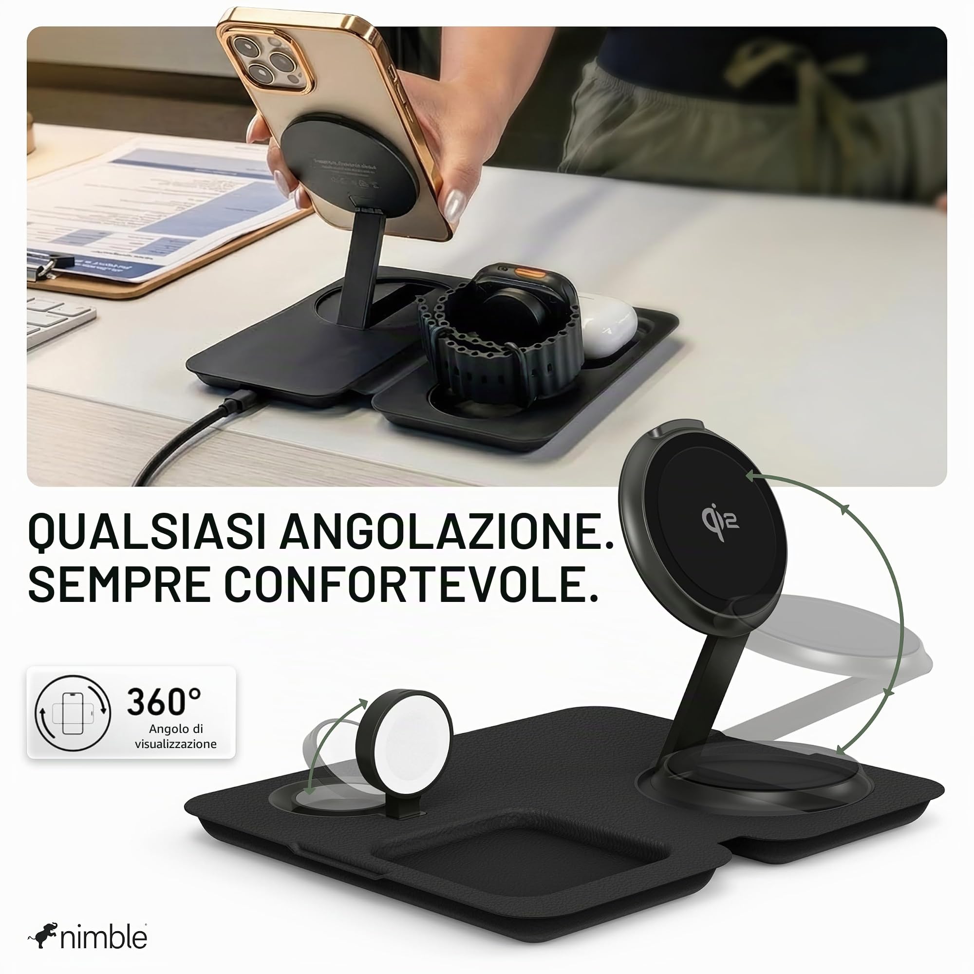 Nimble Stazione di ricarica wireless pieghevole 3 in 1 per iPhone e AirPods, supporto di ricarica Qi2 da 15 W compatibile con MagSafe, dock di ricarica wireless per iPhone 17/16/15/14/13/12