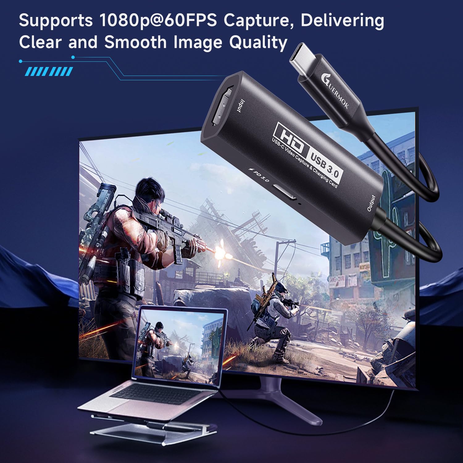 Guermok, Karta przechwytująca HDMI, 2K30FPS / 1080P60FPS, PD100W, streaming | Streaming, nagrywanie i granie z niskim opóźnieniem, Obsługuje konsole przenośne, Plug & Play bez sterowników, konsole domowe