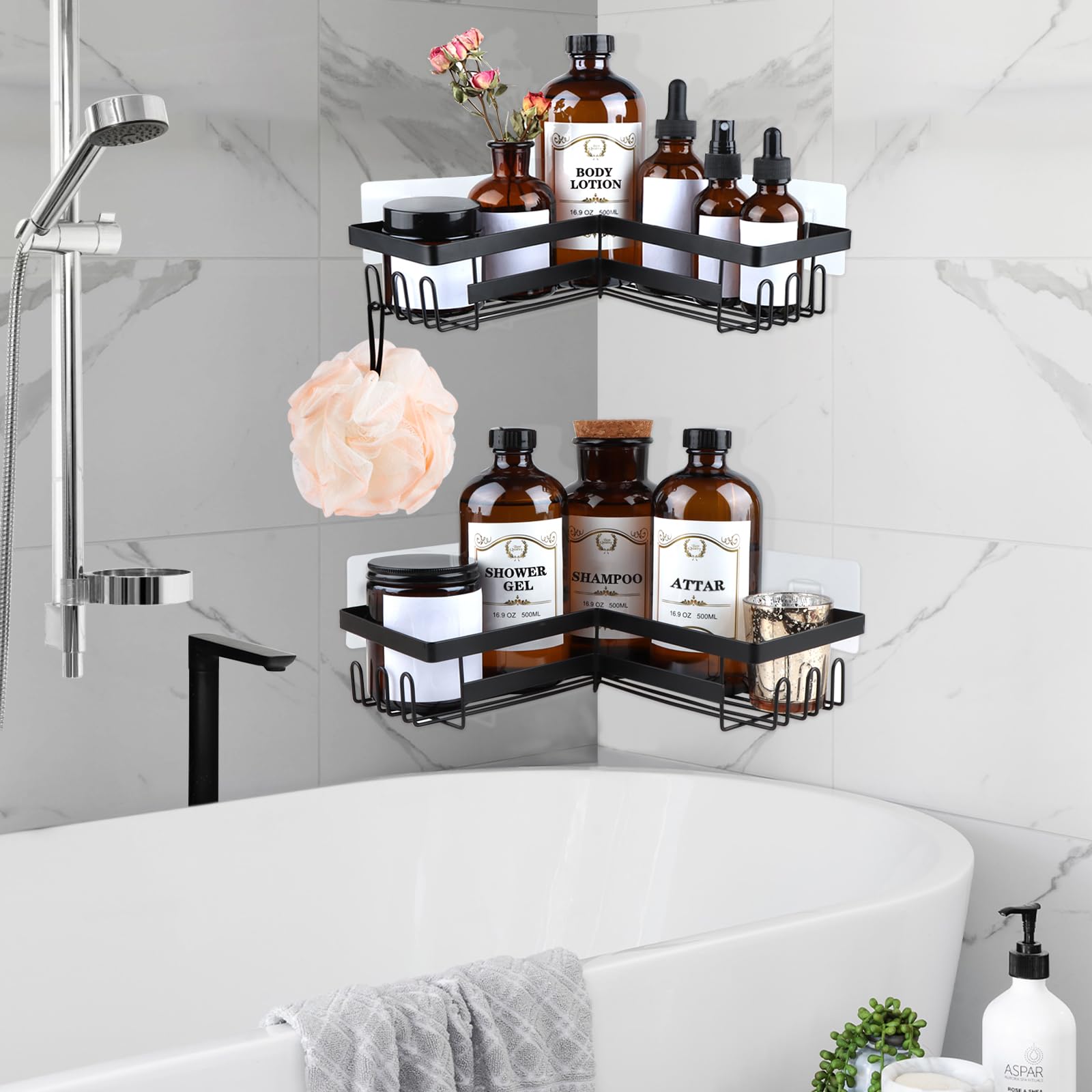 YEVONNIE Corner Adhesive Shower Caddy with Soap Holder and 12 Hooks Rustproof Stainless Steel Bathroom Organizer No Drilling