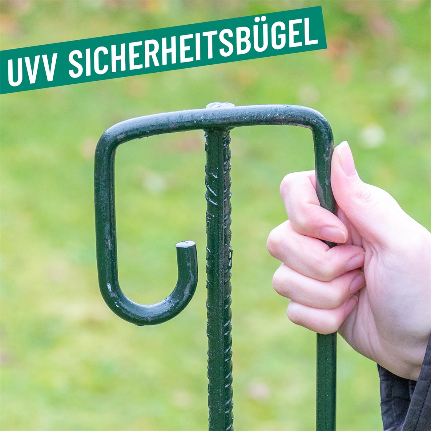 VOSS.farming 10x Laterneneisen, Pfahl mit UVV-Sicherheitsbügel, Halter für Absperrband, Ø12mm Riffelstahl, 145cm Länge, grün lackiert