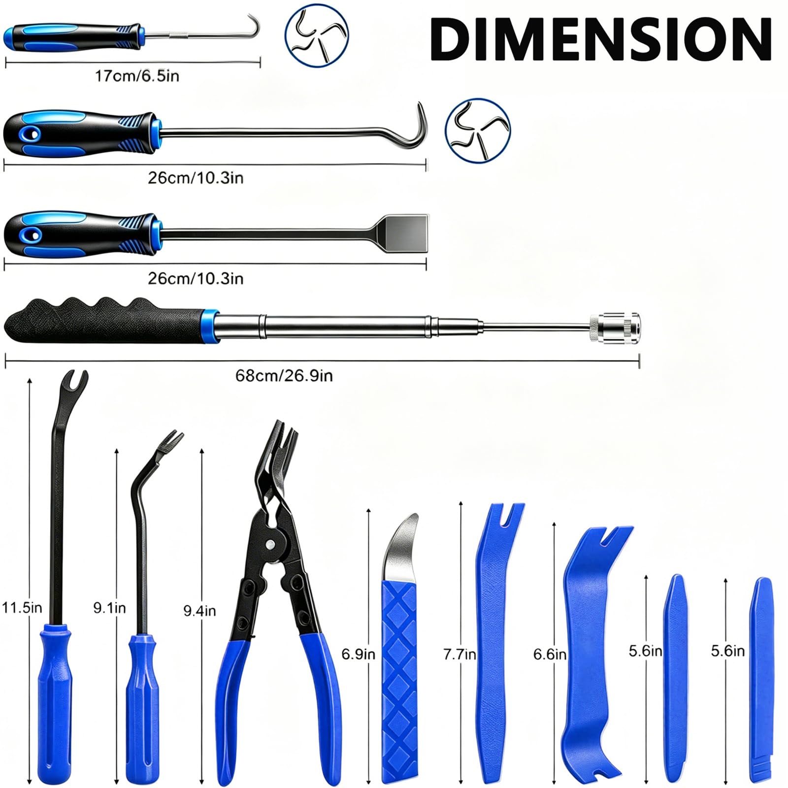 DWH Juego de 18 púas y ganchos de precisión, kit de herramientas de carrocería de automóvil con raspador telescópico, herramienta magnética de recogida, clip de panel, removedor de pinzas,