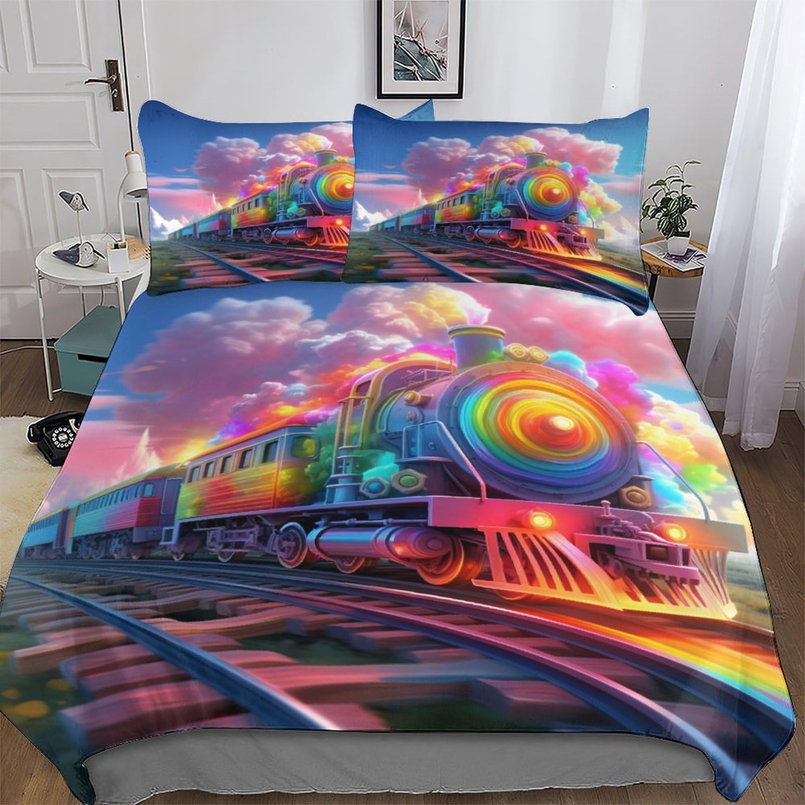 LLXXHH Rainbow Train Soft Microfiber Duvet Cover with Pillowcases Comforter Cove Polyester Quilt Covers for Adults Teenager Kids Bedding Single(135x200cm)