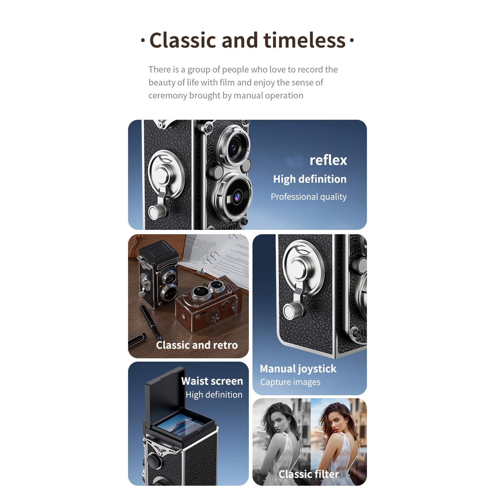 Fotocamera digitale di design con schermo inclinabile, capacità 32 GB, luce integrata e supporto per fotocamera tradizionale