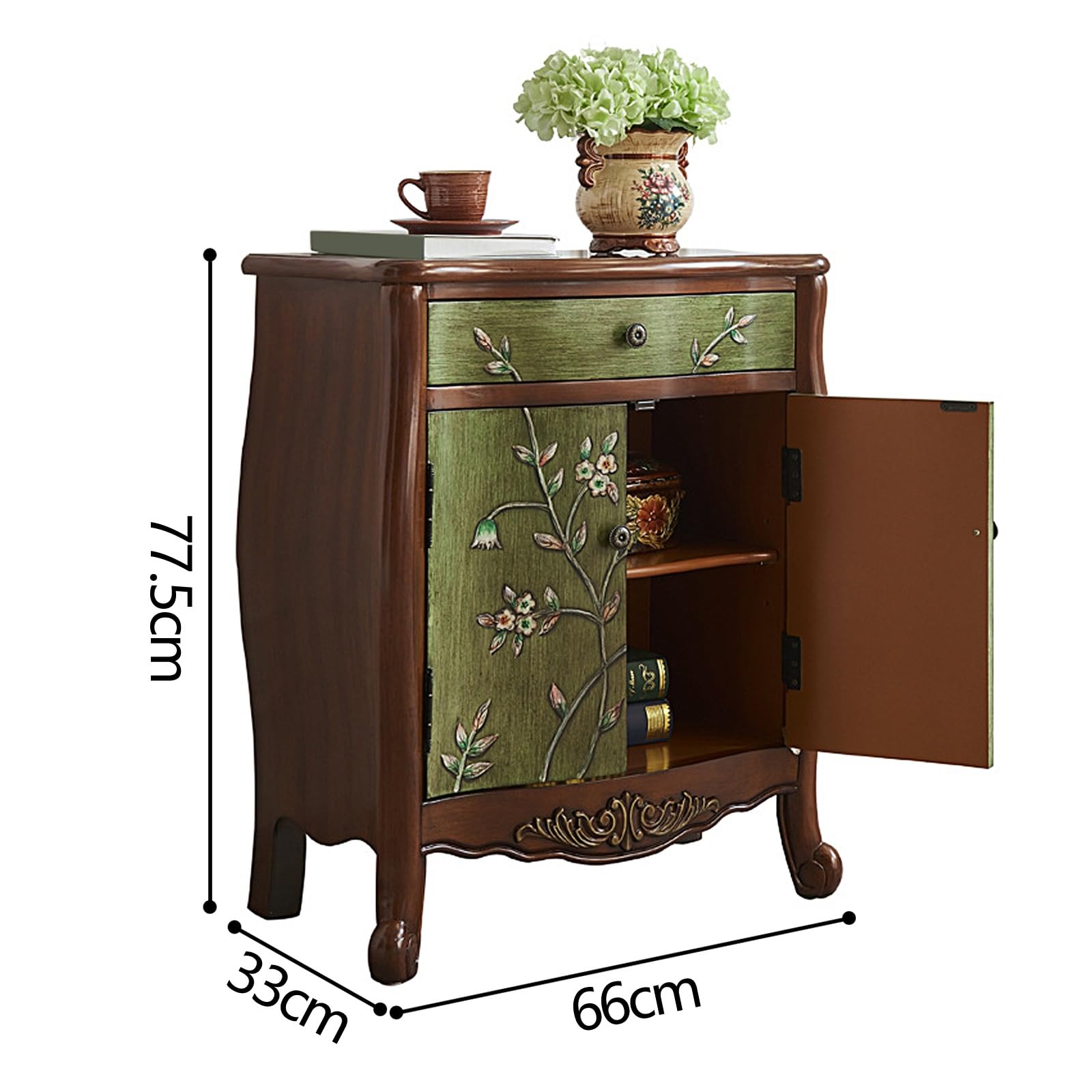 Szafka na Biżuterię z 1 Szufladą i 2 Drzwiami Drewniana Szafka Boczna Szafki do Sypialni Meble Malowane w Stylu Retro (Orzech i Zieleń, 66 * 33 * 77.5cm)