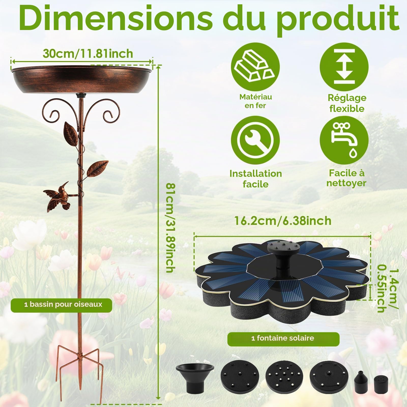 Bain d'oiseaux 2 en 1 avec fontaine solaire - Fontaine solaire pour l'extérieur - Avec 5 effets de pulvérisation - En métal de 30 cm - Pour oiseaux sauvages - Pour l'hiver