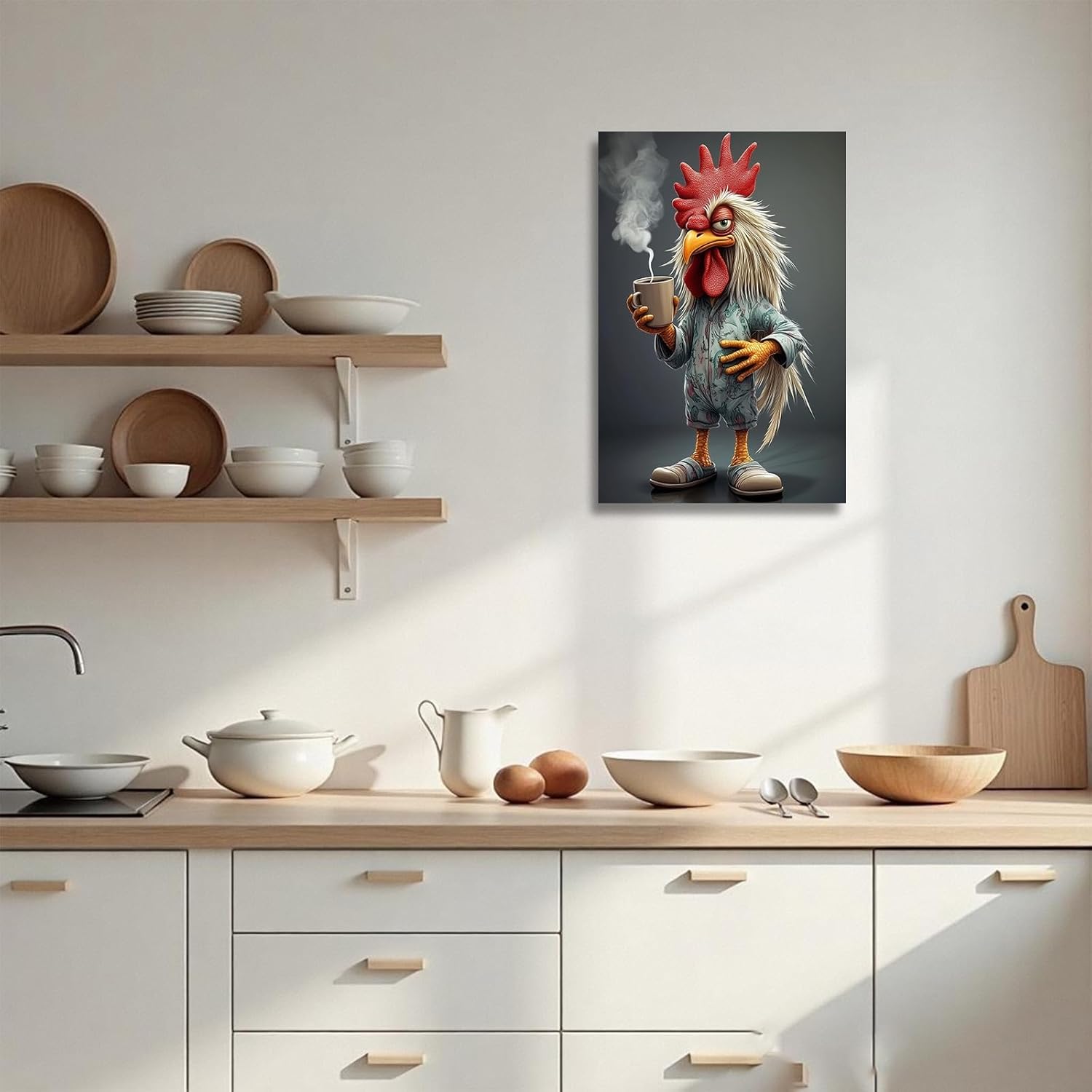 YMXDYMJSW Funny Chicken Wall Art Abstract Rooster Drinking Coffee Pictures Whimsical Chicken Canvas Prints Farmhouse Animal Paintings for Kitchen Decor Frame (18L x 12W)