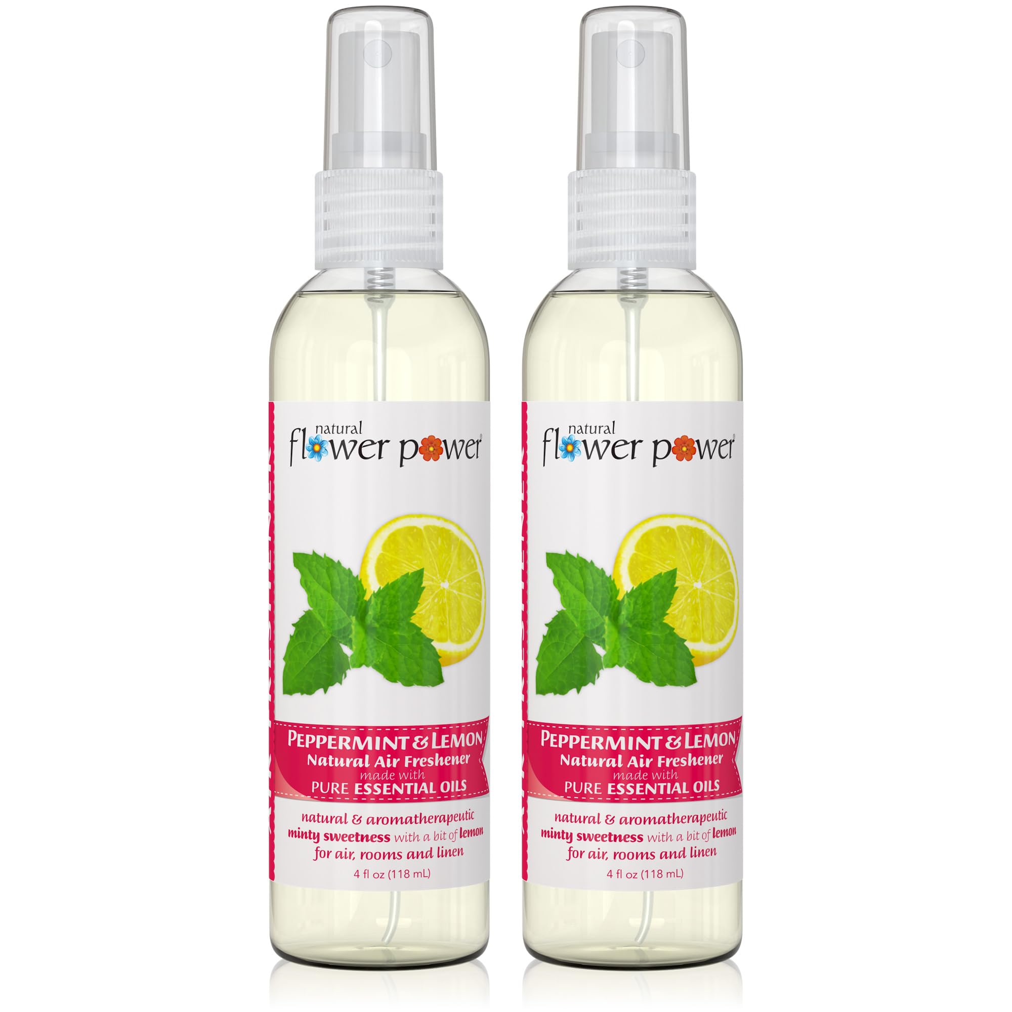 Natural Flower Power Air Freshener Spray - Odor Eliminator with Essential Oils for the Home, Car &amp; Fabric - Cruelty Free &amp; Vegan - Peppermint &amp; Lemon - 2 x 4 oz