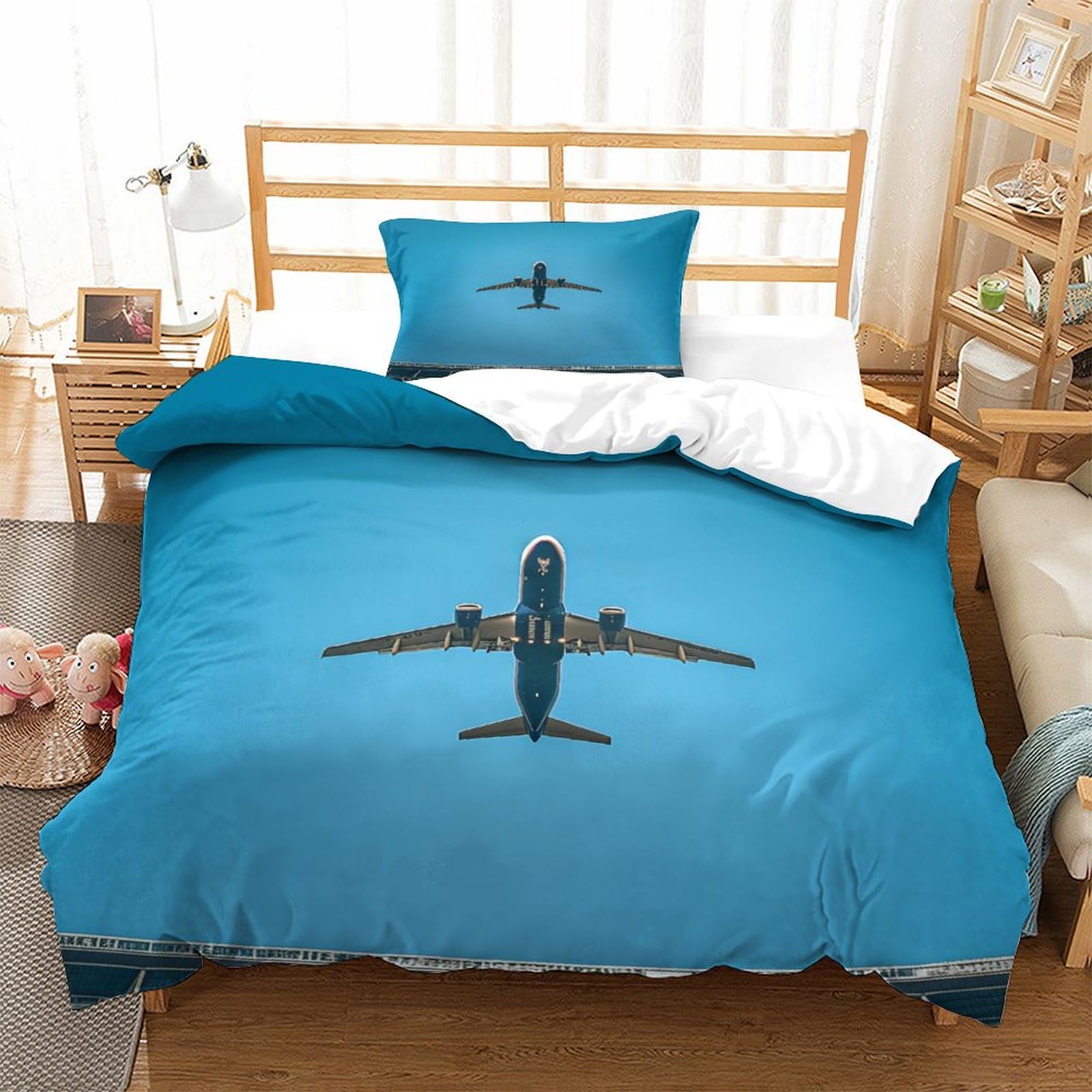 P1S9U7W5Y Panoramic Blue 3D Printed Aircraft Duvet Cover Set 3pcs Soft Microfiber Aviation Bedding Set Single（135x200cm）