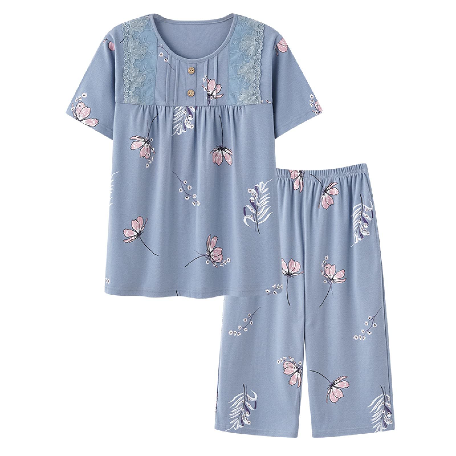 Pigiama Estivo Donna 2 Pezzi In Raso - Set Loungewear Con Stampa Floreale E Papillon - Canottiera Cami Top E Pantaloncini - Rosa, Blu