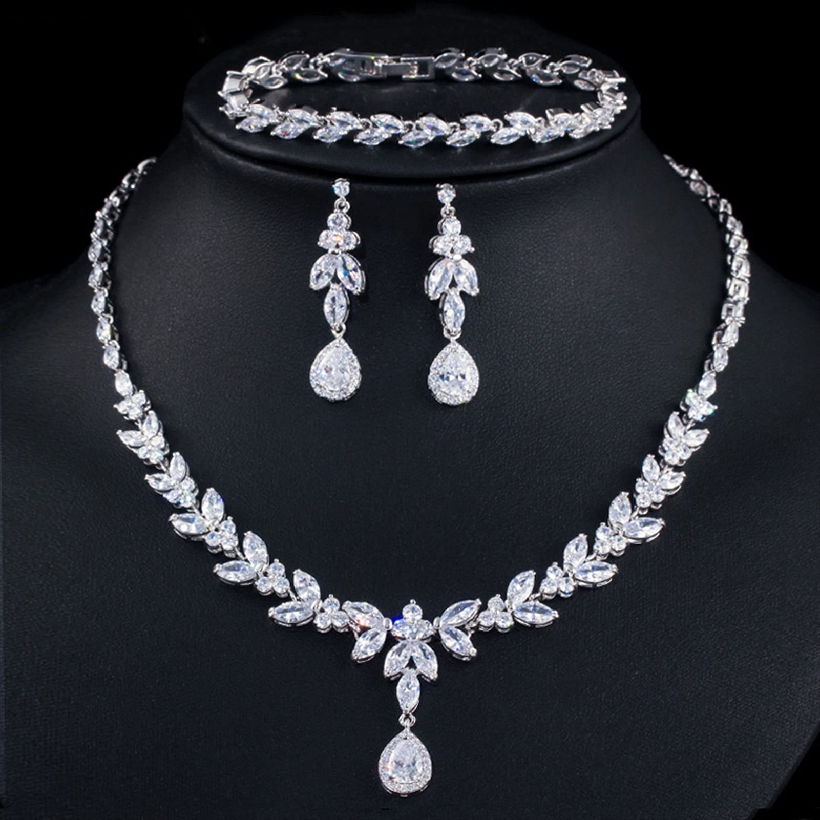 Joyería 3 uds Traje de Mujer Conjunto de Joyas de Oro Grande circonita cúbica Brillante Gota Novias Collar Pendientes y Pulseras