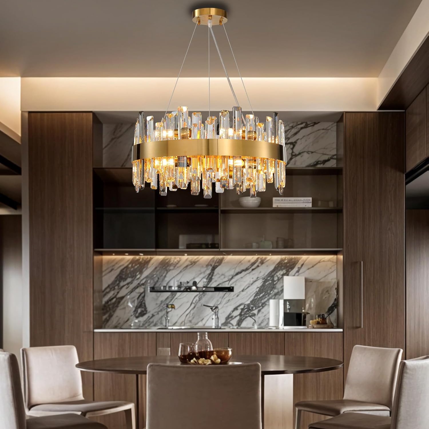 Modern Crystal Chandeliers, D19.6" Gold Round Chandelier For Dining Room, 12-Light Hanging Ceiling Light, K9 Crystal Pendant Light Fixtures,2-Tiers Chandelier For Over Table Entryway Kitchen Island