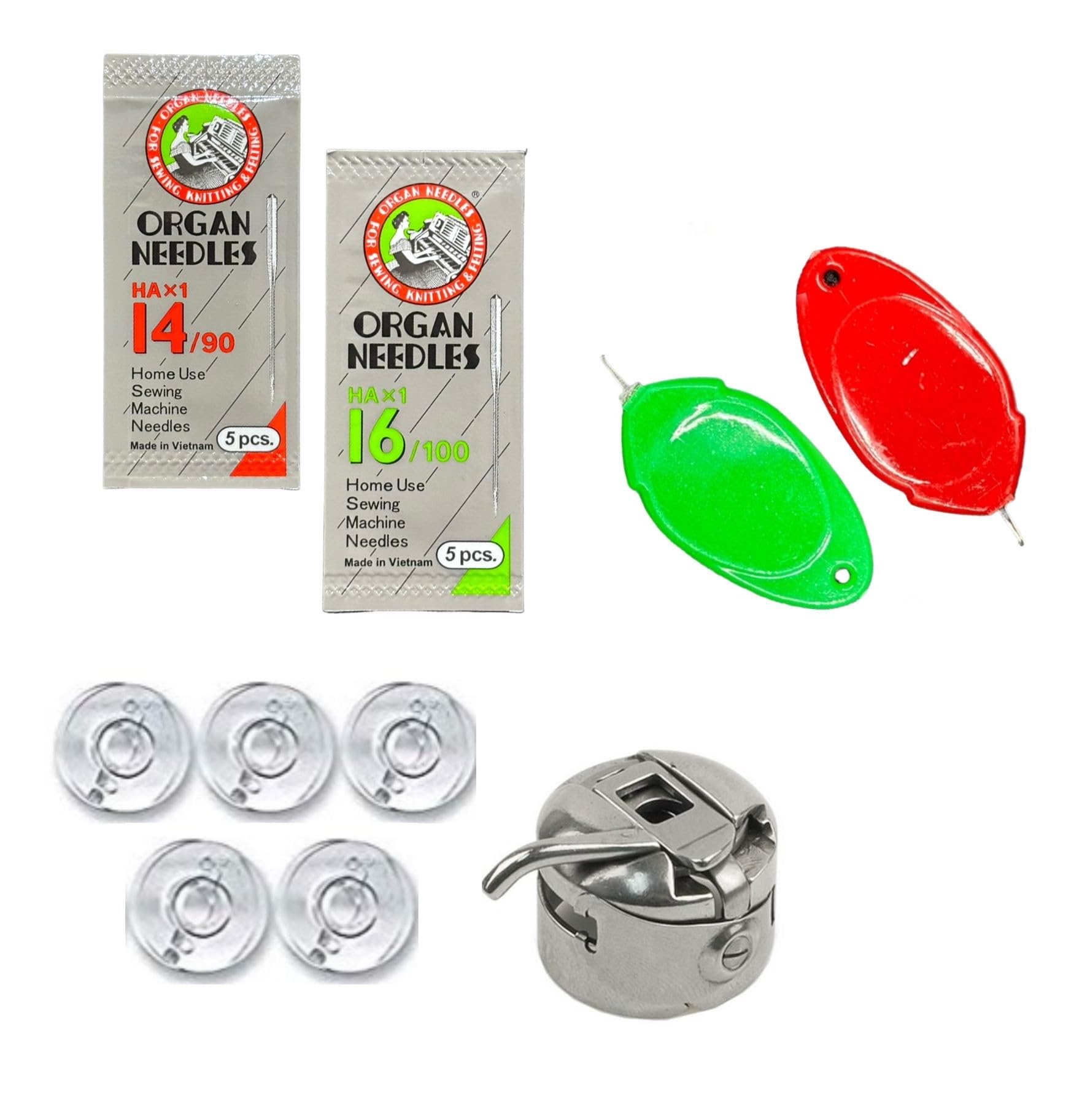 ZENITH Sewing Kit - 10 Needles (Size 14 & 16), 5 Bobbins, 1 Bobbin Case & 2 Threaders | Compatible with Usha, Janome, Singer & Brother | Durable Stainless Steel | Flat Shank for Smooth Stitching