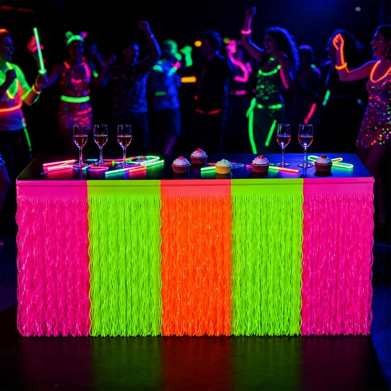 Neon Party Decorations, 2 Pack Fluorescent Metallic Fringe Table Skirts, Glow Party Supplies Wavy Foil Tassel Design, 108 x 29.5 Inch Table Decor Glow in the Dark Party Supplies