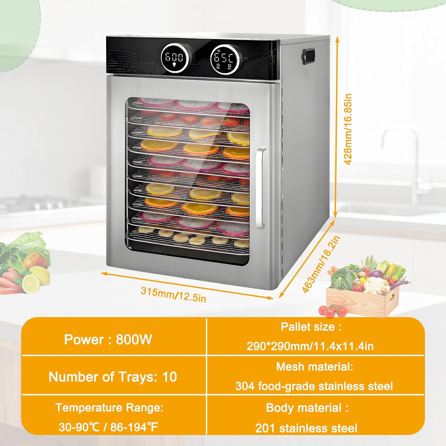 1000W Commercial Freeze Dryer & Food Dehydrator, 6-12Layer Electric Food Dryer, Adjustable Temp 86℉-194℉, Timer 0-24 H for Vegetables, Meat & Seafood 10-floors