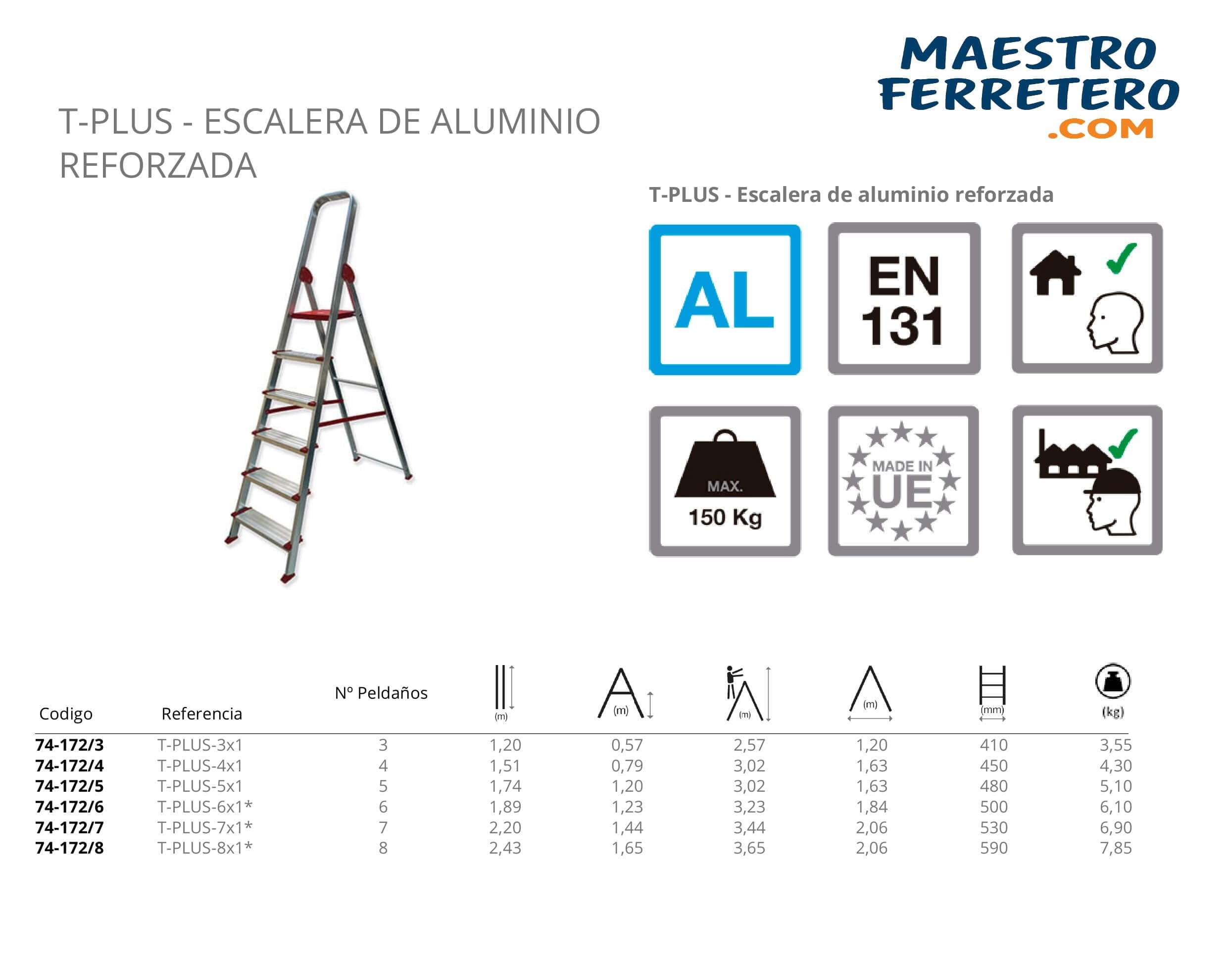 T-Plus Escalera Profesional de Aluminio 8x1 con Arco de Seguridad, 8 Peldaños, 150 kg de Capacidad