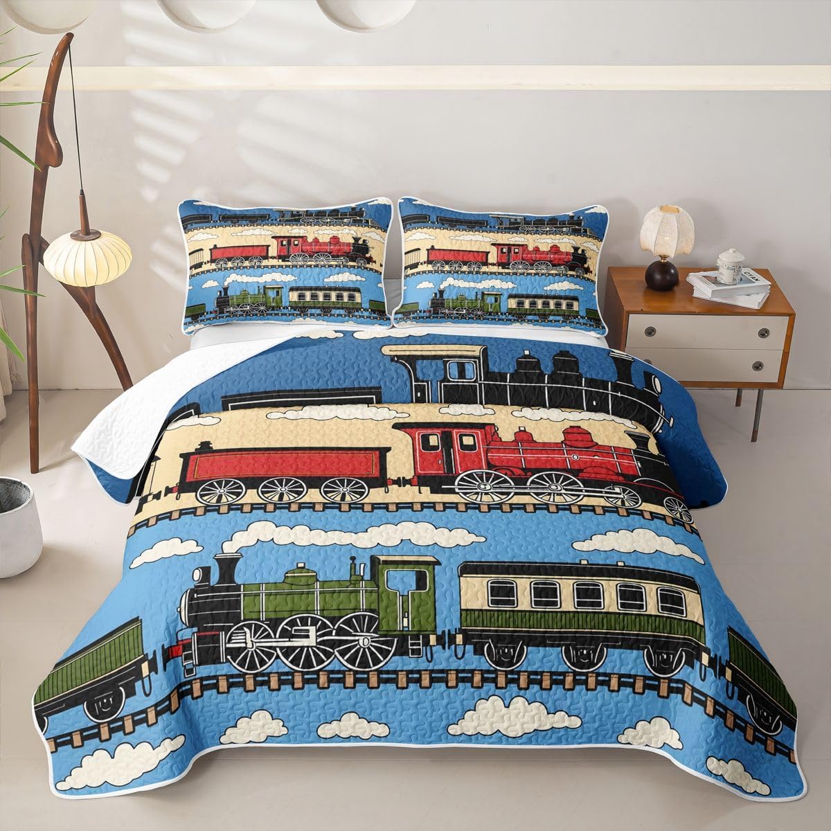 Feelyou Train Quilt Bedspread for Kids Boys Girls Industrial Revolution