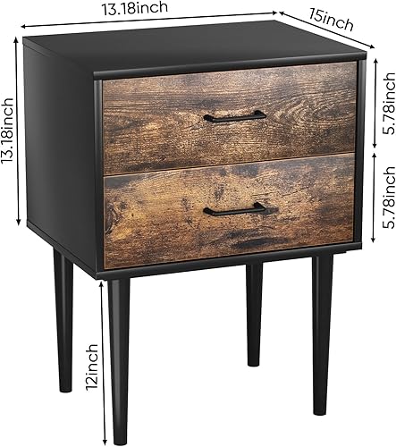 Miniatura 2 de Mesita de noche rústica negra y marrón con cajones, mesita de noche de 26 pulgadas de alto con 2 cajones, mesa de noche moderna, mesa auxiliar de
