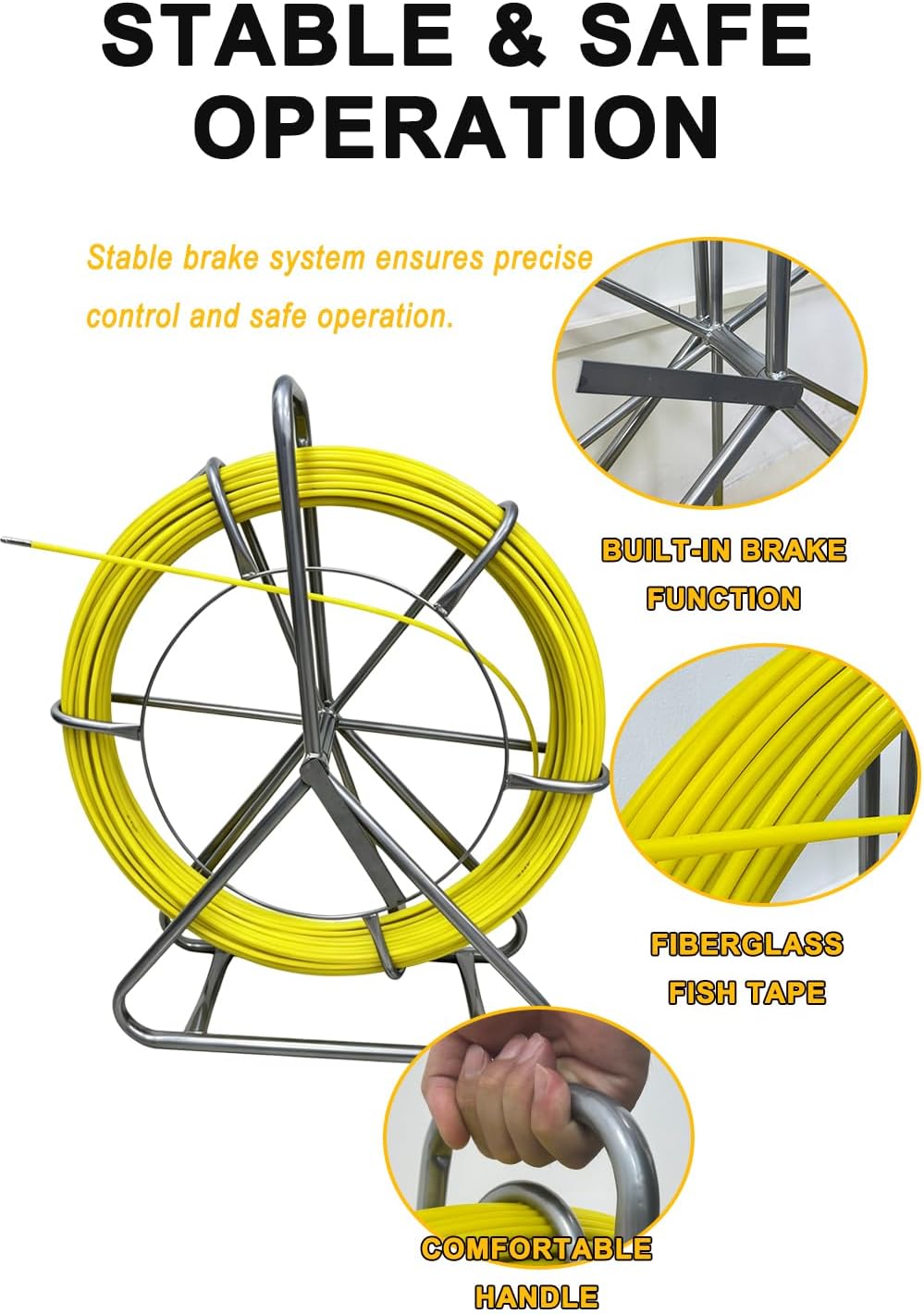 262FT Fiberglass Fish Tape 1/4" Duct Rodder with Brake, Non-Conductive Electrical Wire Puller Fish Tape Cable Running Rod with Steel Reel Stand for Walls & Conduit Wiring[6mm*80m]