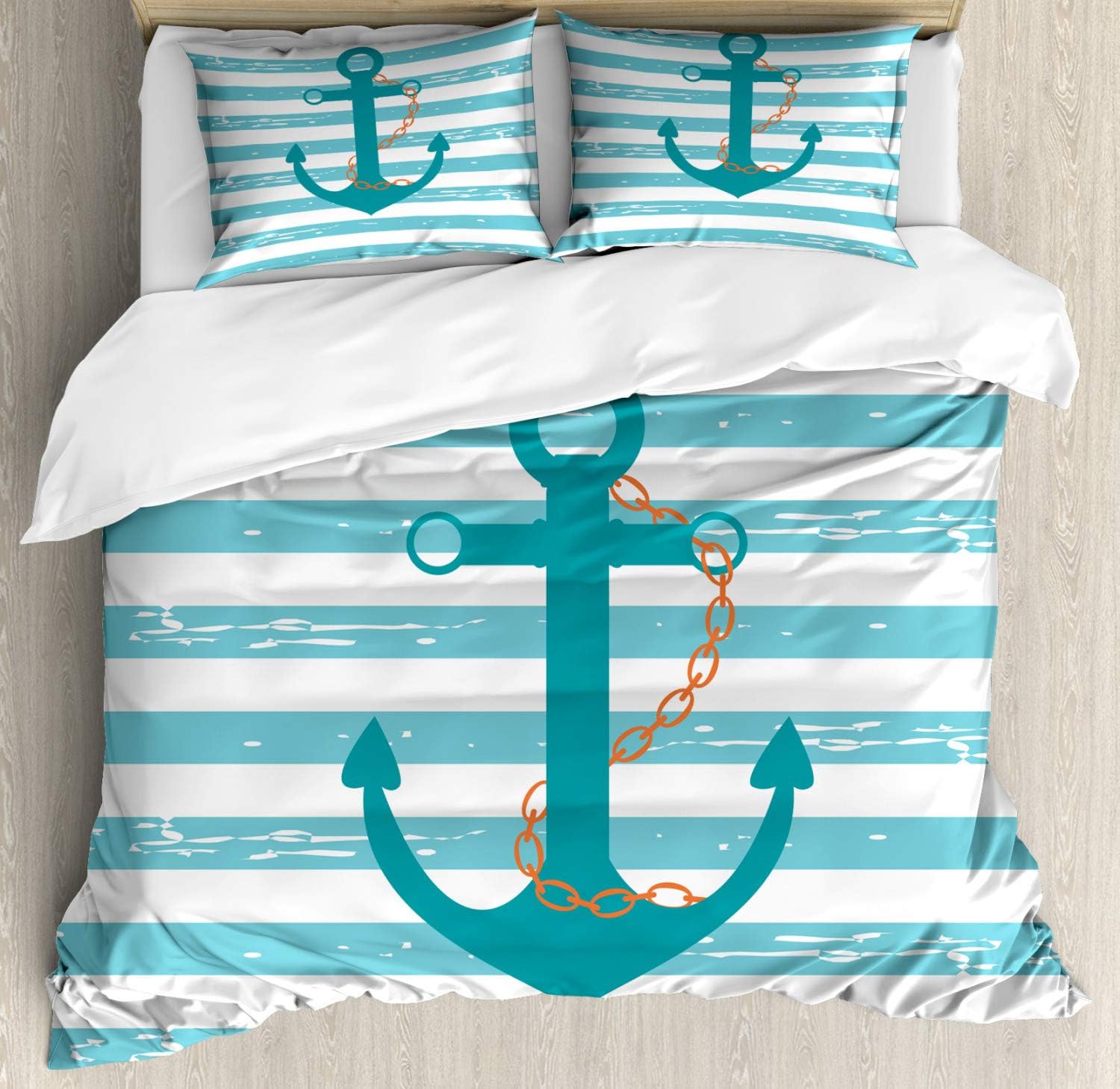 Ambesonne Teal Duvet Cover Set Queen Size, Ship Anchor Chain Marine Life Inspired with Lines Background Ocean Sailing, Decorative 3 Piece Bedding Set with 2 Pillow Shams, Multi 1, QUEEN / FULL