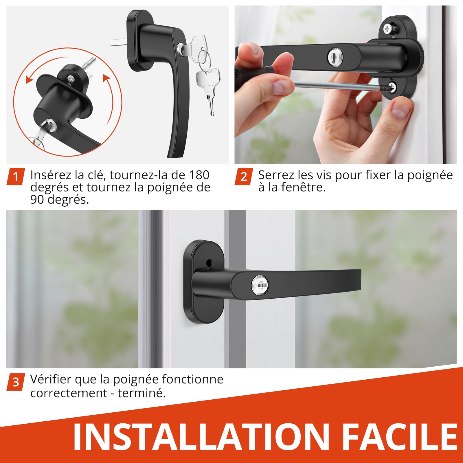 GETLITOOL Poignées de fenêtre verrouillables 35 mm Aluminium avec clés, sécurité Enfant, Noir