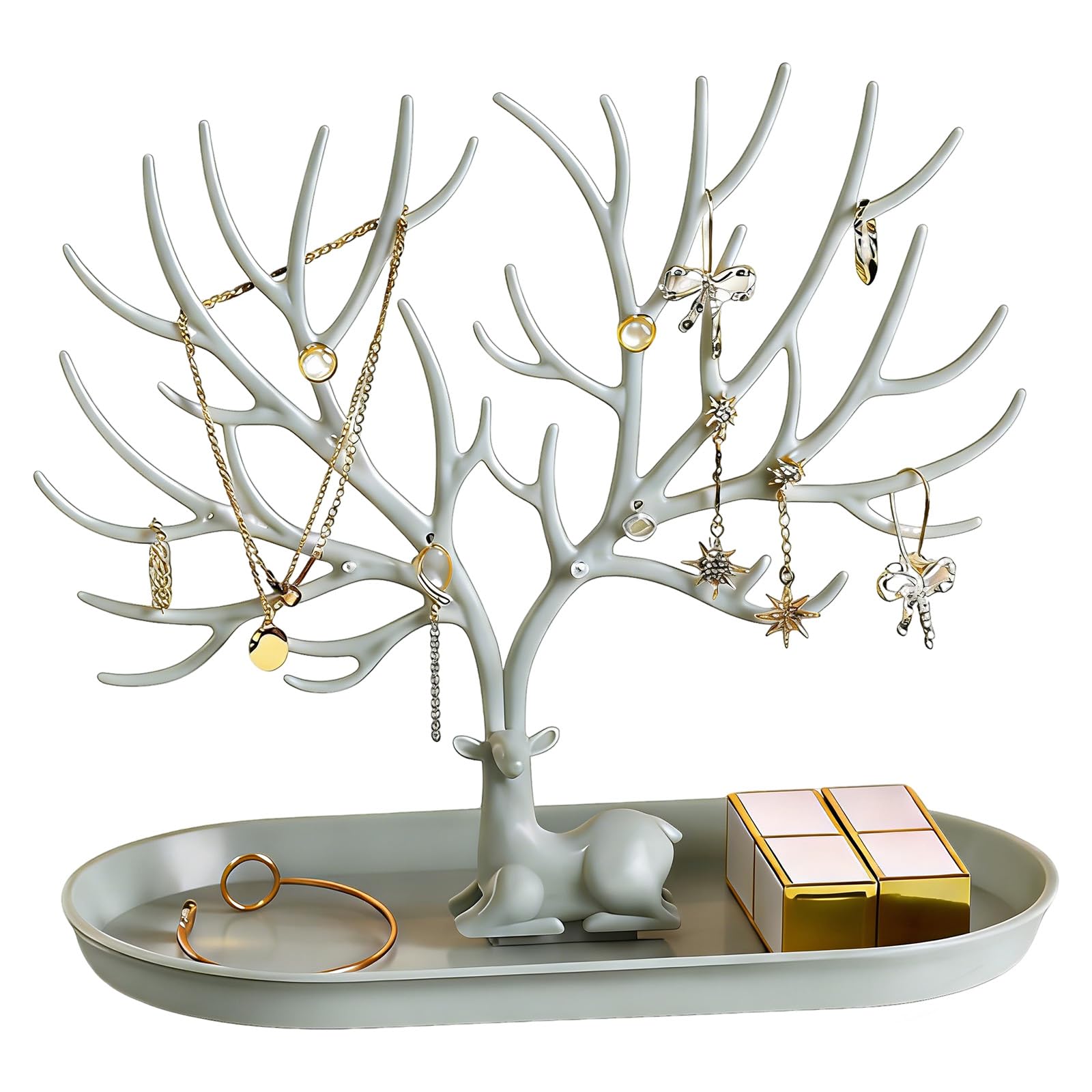 Rthynti Antlers Jewelry Stand, Jewellery Tree Hanging Organizer, Plastic Ornamental Necklace Holder for Earrings Bracelets and Ring, Grey