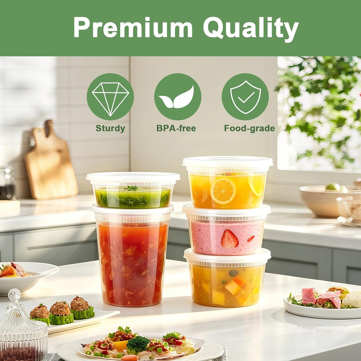 Deli Containers with Lids 48 Sets, 32/16/8 oz X 16 Set Each | BPA Free Plastic Food Containers with Lids for Soup and Takeout Meal Prep Storage, Freezer, Microwave and Dishwasher Safe