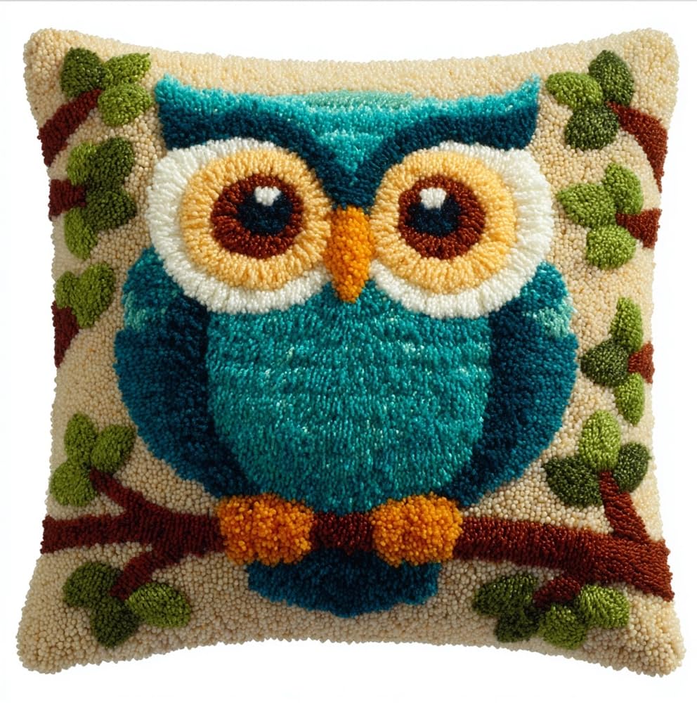 kitphoenix Latch Hook Cushion Kit, Owl Knitting Kits Cushion, Rug Making Kit for Starters, Latch Hook Kit for Beginners Adults Or Children 43X43Cm/17X17 Inch