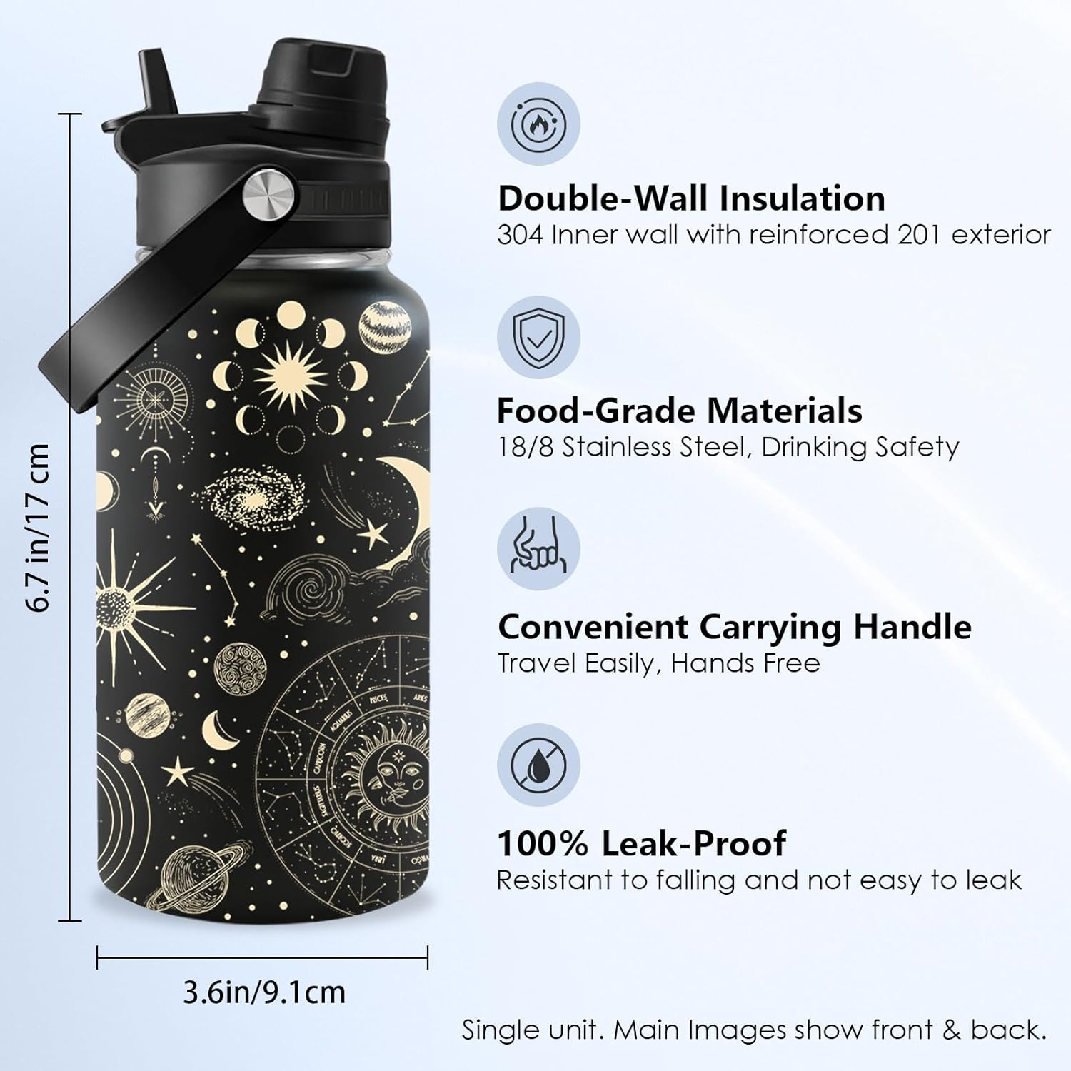 Sun Moon 26oz Water Bottle Gift for Men Women, Stainless Steel Insulated Tumbler with Handle & 2-in-1 Lid, Coffee Mug Insulated Travel Cup for Sports Birthday Gifts