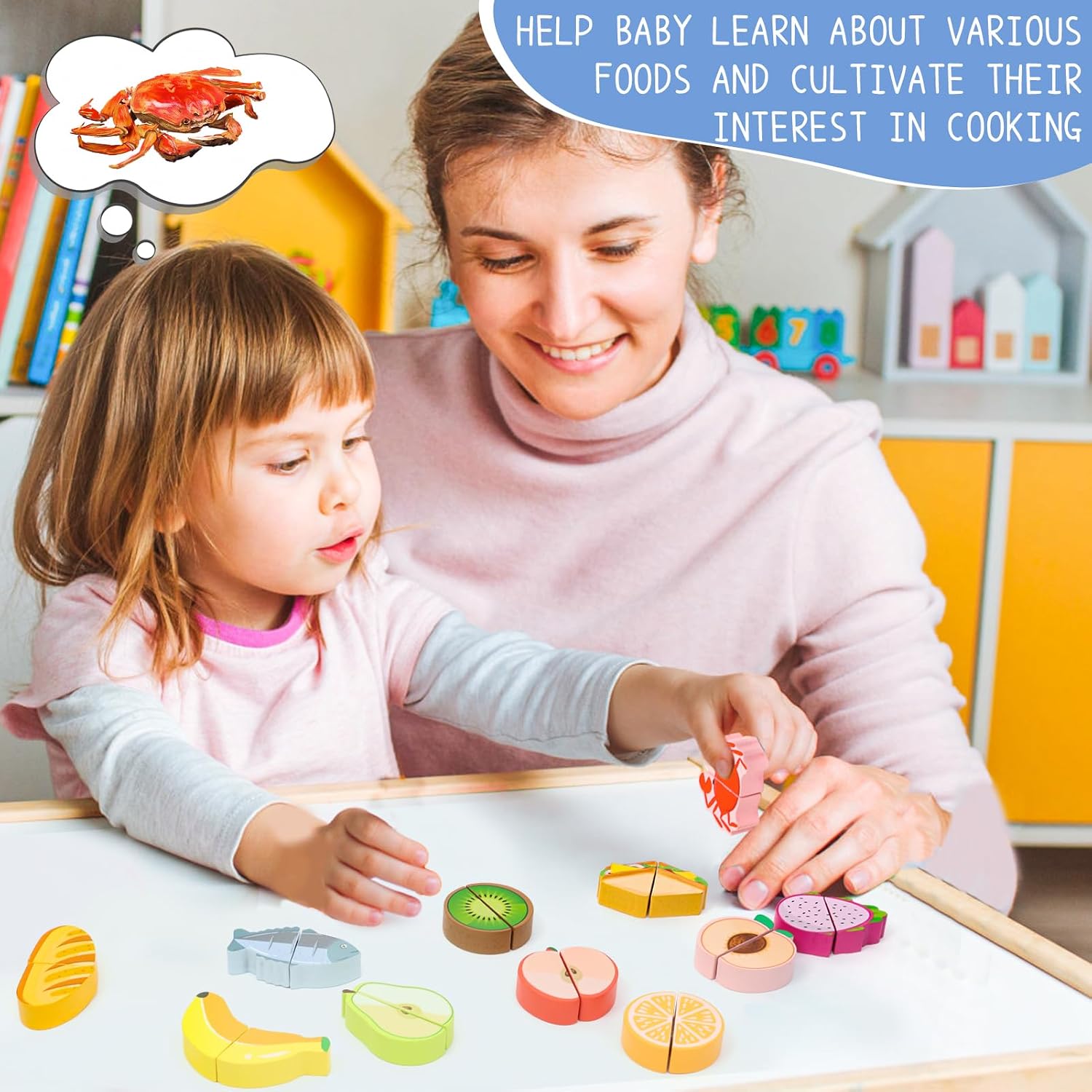 Wooden Baby Feeding Toy - Montessori Pretend Play Food Set for Toddlers 1-3 | Safe non-toxic wooden cutting food fruits & vegetables toy. Perfect play kitchen pretend play gift for boys & girls