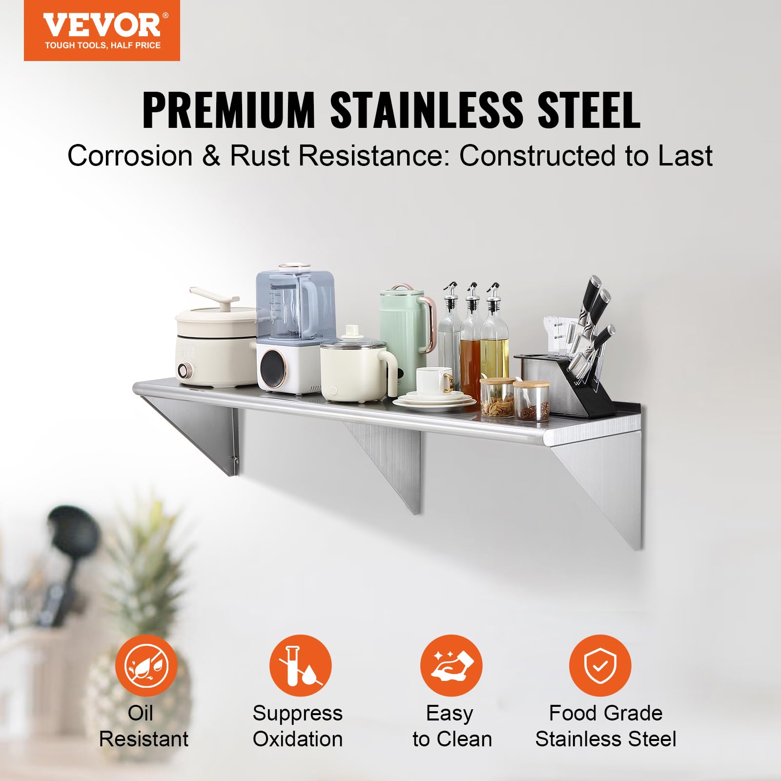 VEVOR Estante de Pared de Acero Inoxidable 1524 x 356 x 63 mm Estante Flotante con Soporte Triangular Carga Máxima de 180 kg Estantería de Pared para Libros Portarretratos Plantas Oficina Baño Cocina
