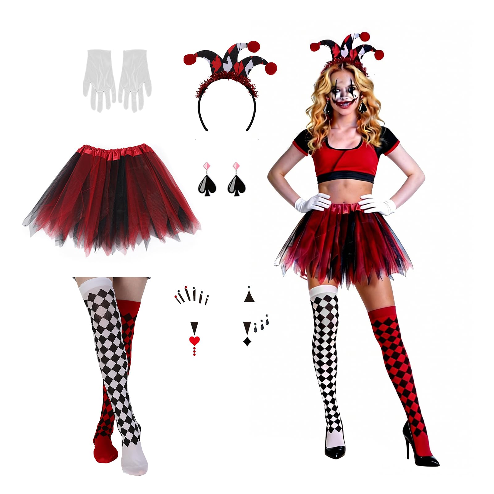 Disfraz Reina de Corazones, 6 Piezas Arlequín Mujer Look Festivo Halloween Carnaval Fiestas Temáticas