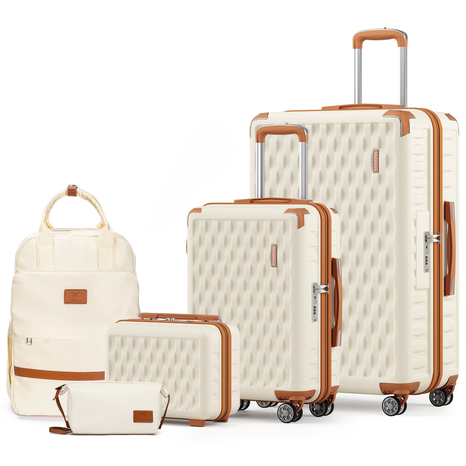 Melalenia Luggage Sets 5 Piece Hard Shell Carry on Suitcase with Spinner Wheels and TSA Lock, Lightweight Travel Backpack for Women, Men, Beige Brown