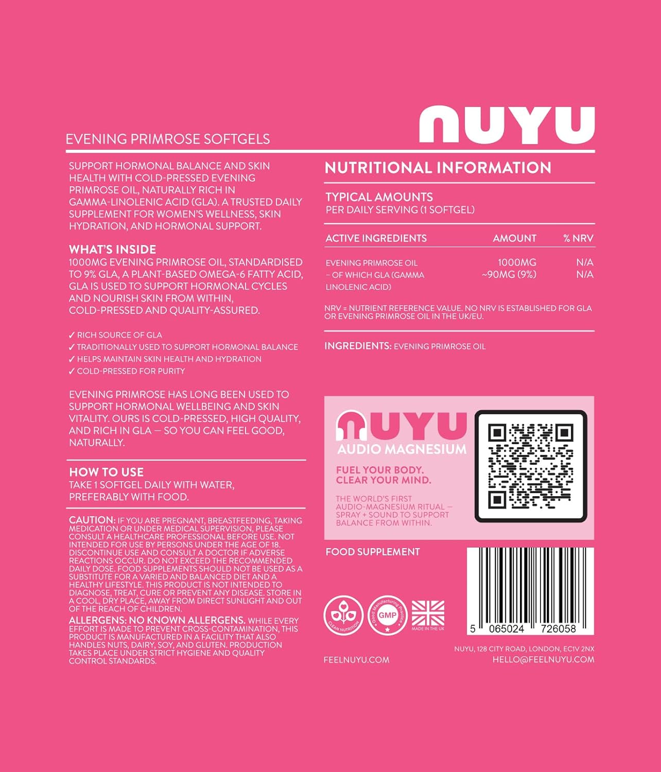 NUYU Evening Primrose Oil 1000mg Cold-Pressed Softgels. One-a-Day, 2-Month Supply – 9% GLA Formula Supports Hormonal Balance & Skin Health. Made in The UK.